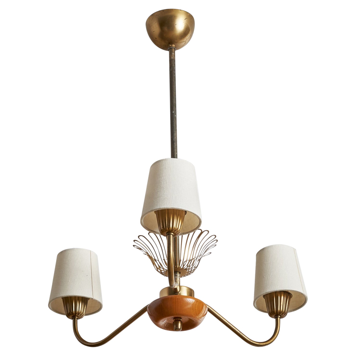 Swedish Designer, Chandelier, Brass, Oak, Fabric, Sweden, 1940s