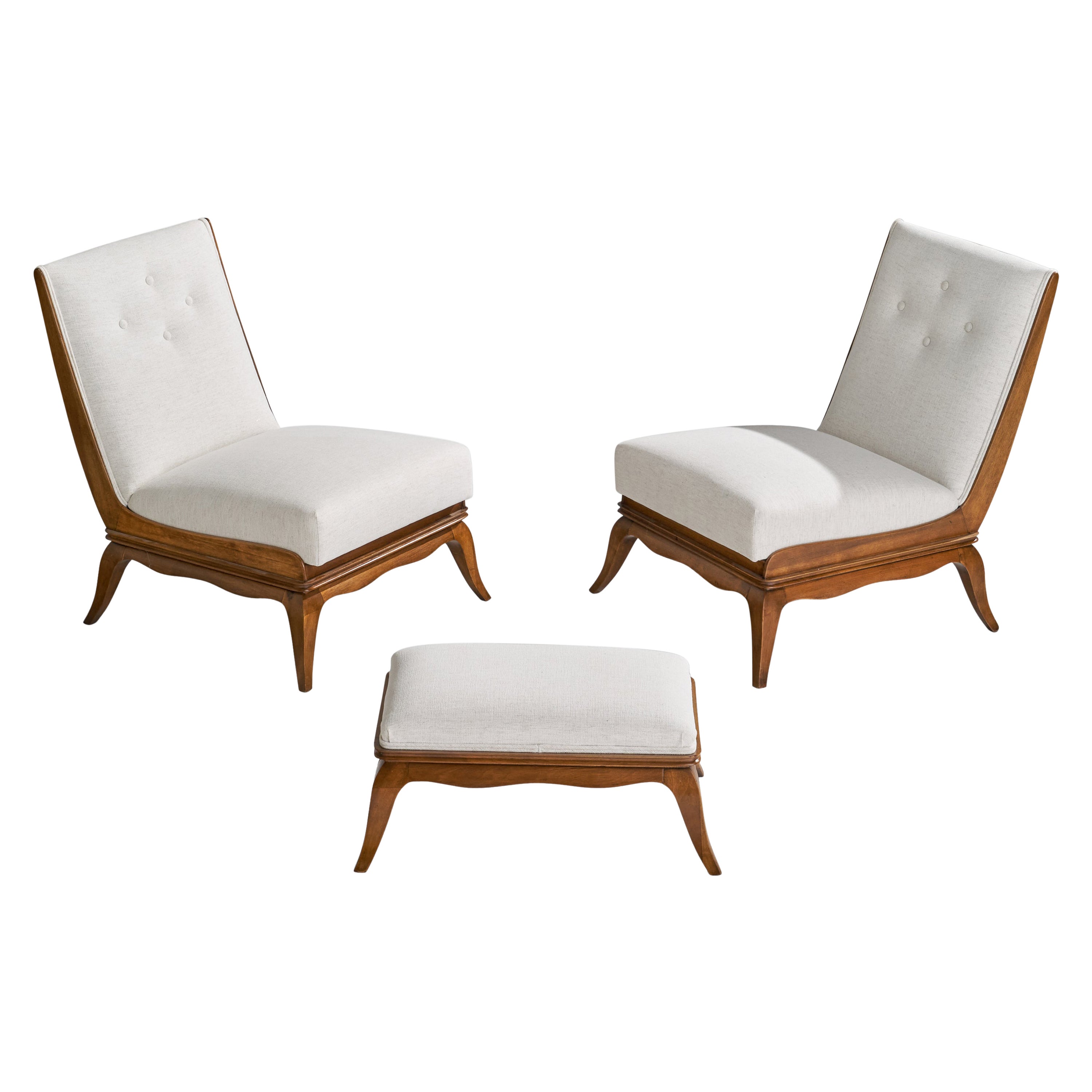 Italian Designer, Slipper Chairs with Ottoman, Walnut, Fabric, Italy, 1940s