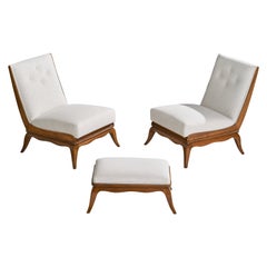 Vintage Italian Designer, Slipper Chairs with Ottoman, Walnut, Fabric, Italy, 1940s