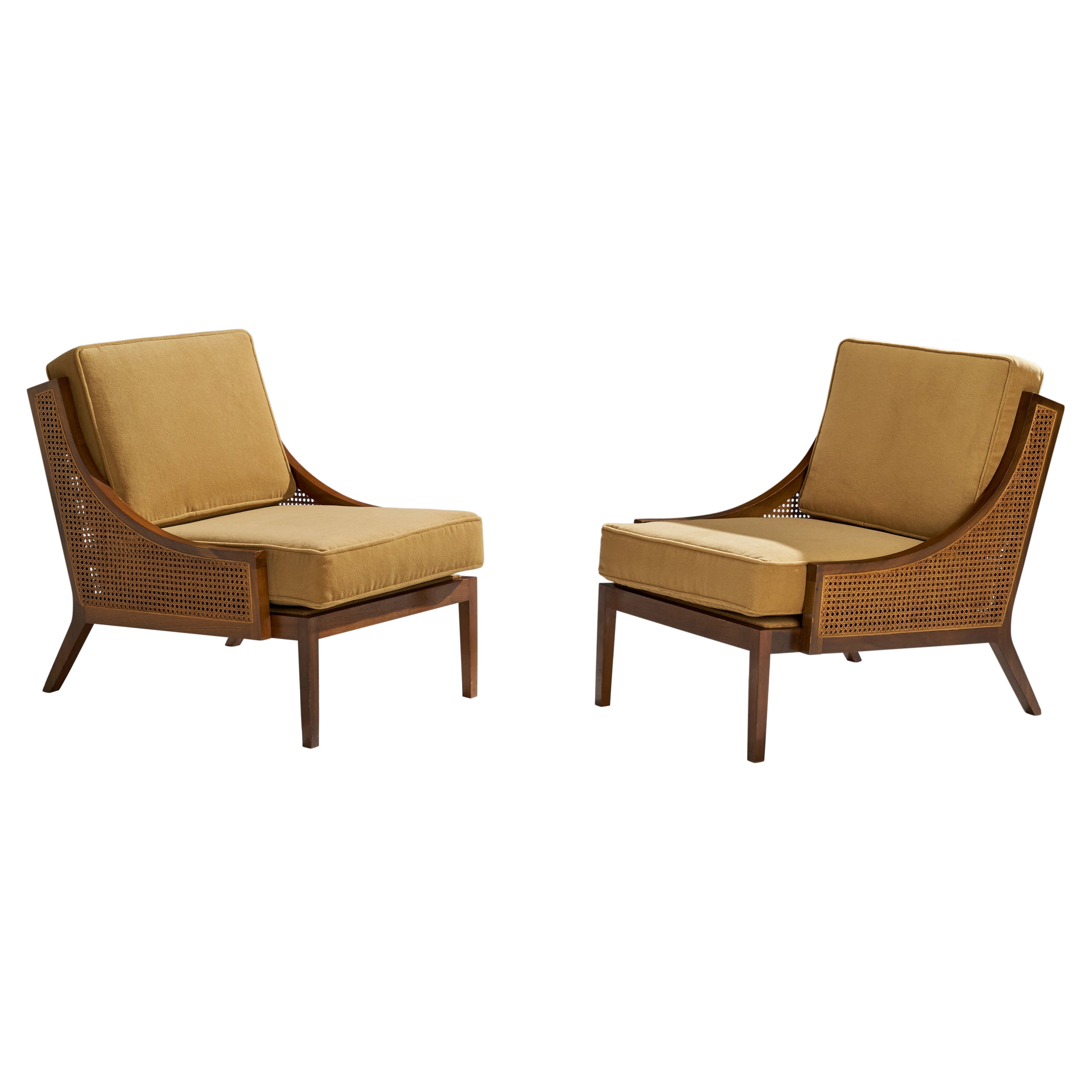 American Designer, Slipper Chairs, Walnut, Velvet, Rattan, USA, 1950s