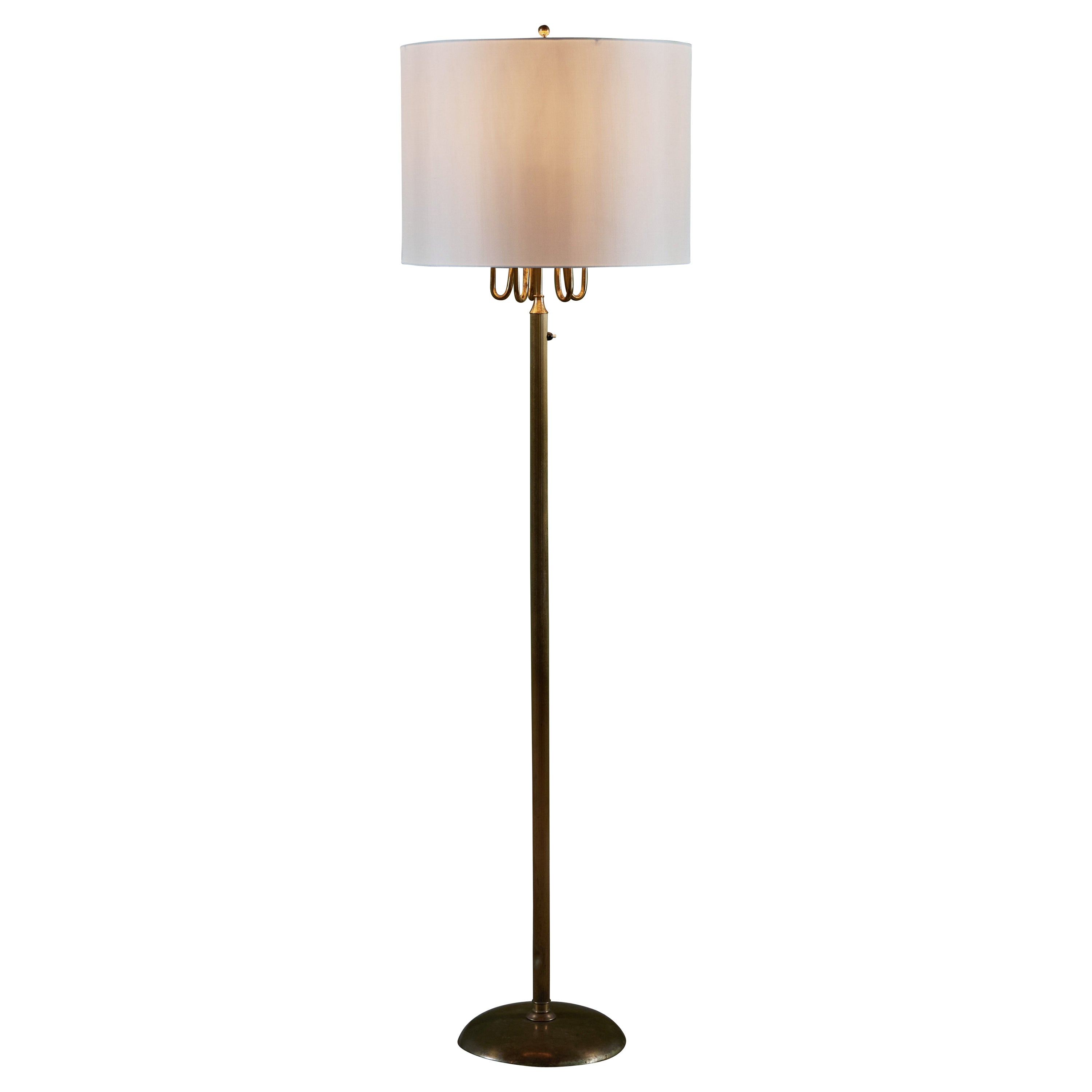 Brass Candelabra Floor Lamp with Silk Shade For Sale