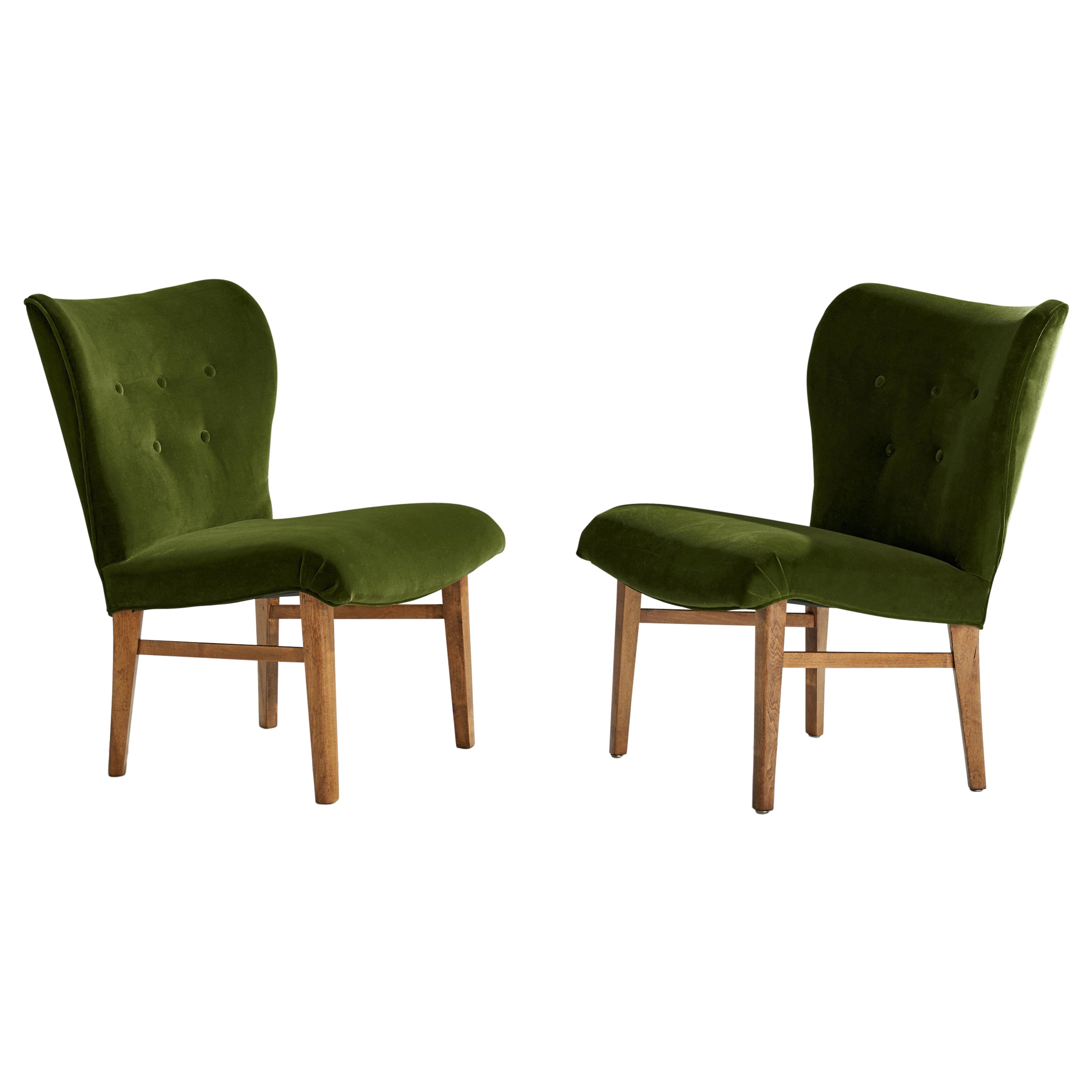 Erik Karlén Attribution, Slipper Chairs, Beech, Fabric, Sweden, 1950s For Sale