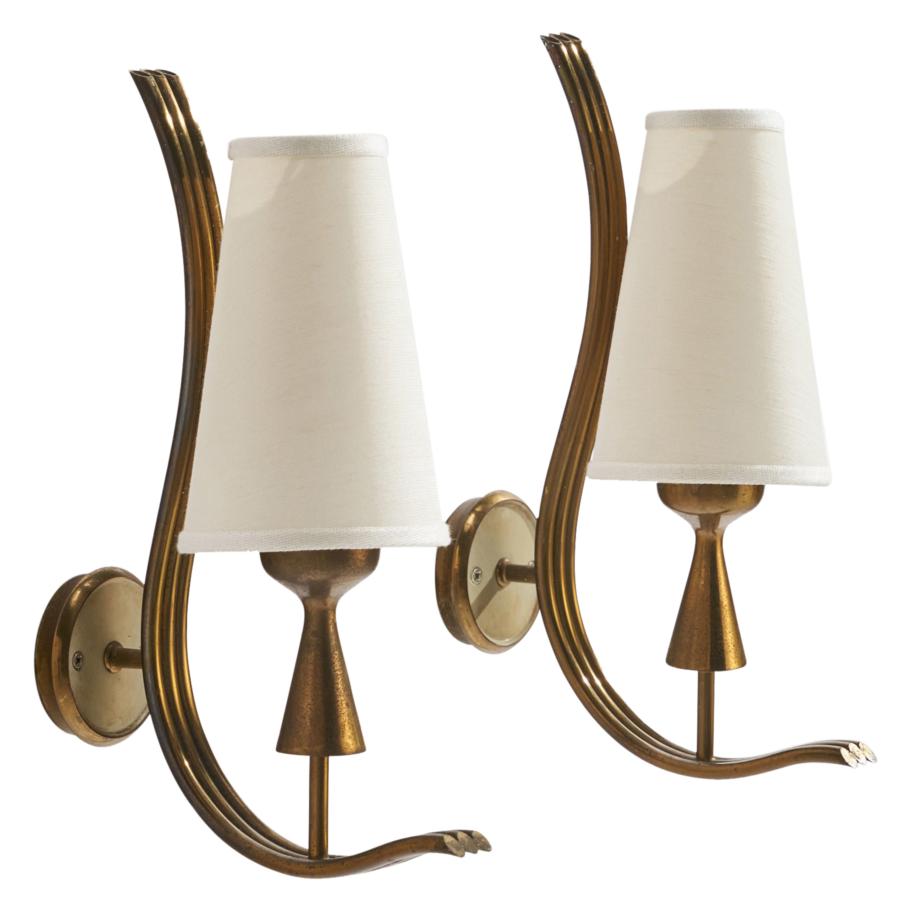 Angelo Lelii, Wall Lights, Brass, Fabric, Italy, 1950s For Sale