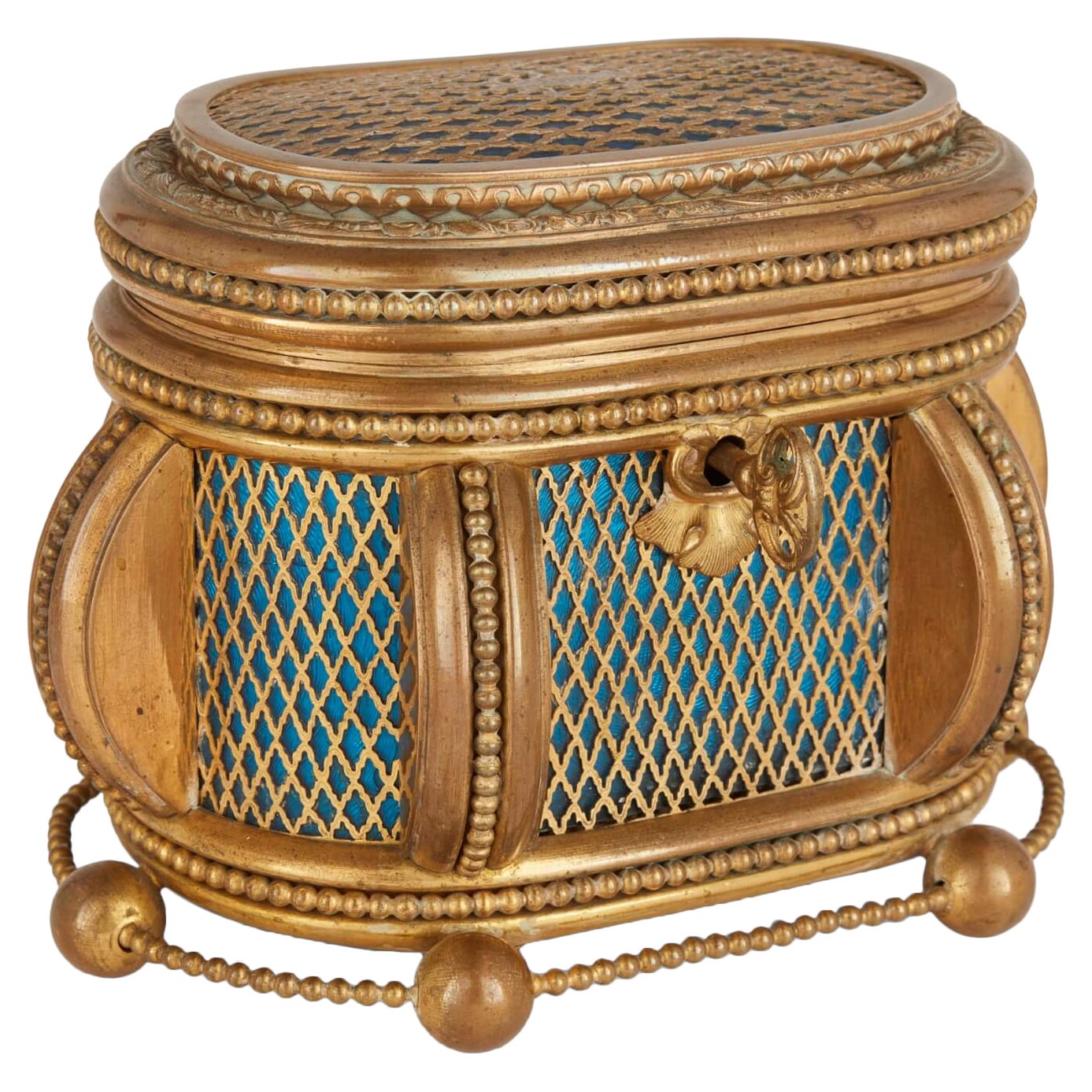 Arqueta de esmalte guilloché azul y metal dorado del siglo XIX en venta