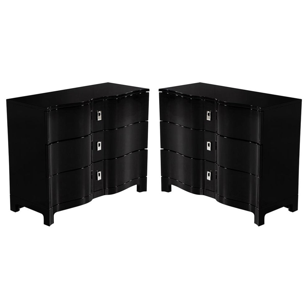 Pair of Curved Front Black Lacquered Chests For Sale