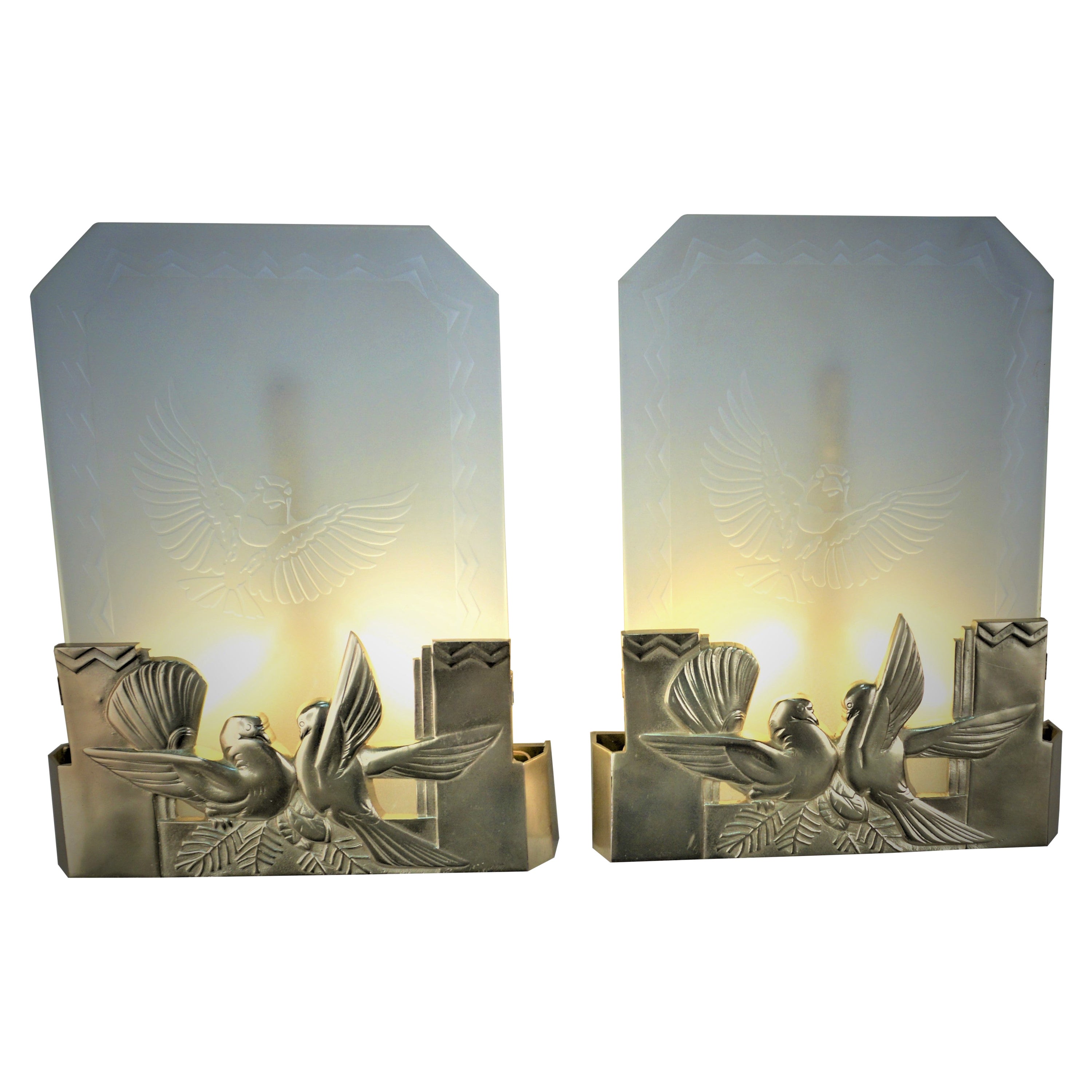 Pair of 1930's Acid Cut Glass and Bronze Wall Sconces For Sale