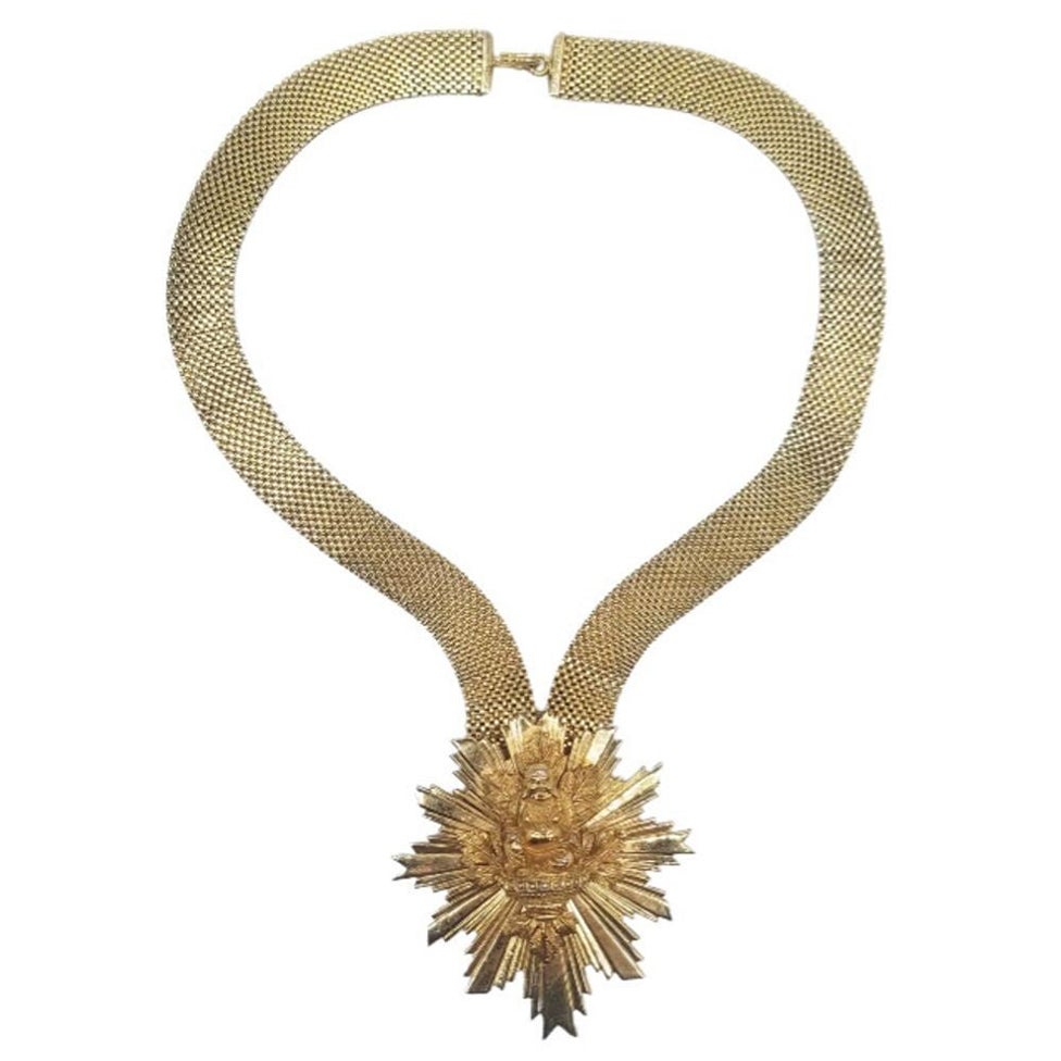 Rare Mid Century Nettie Rosenstein Gold Sunburst Buddah Necklace For Sale