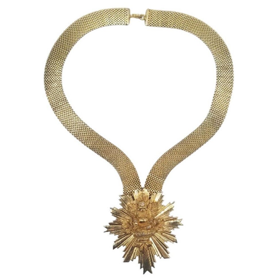 Rare Mid Century Nettie Rosenstein Gold Plated Sunburst Buddah Necklace For Sale