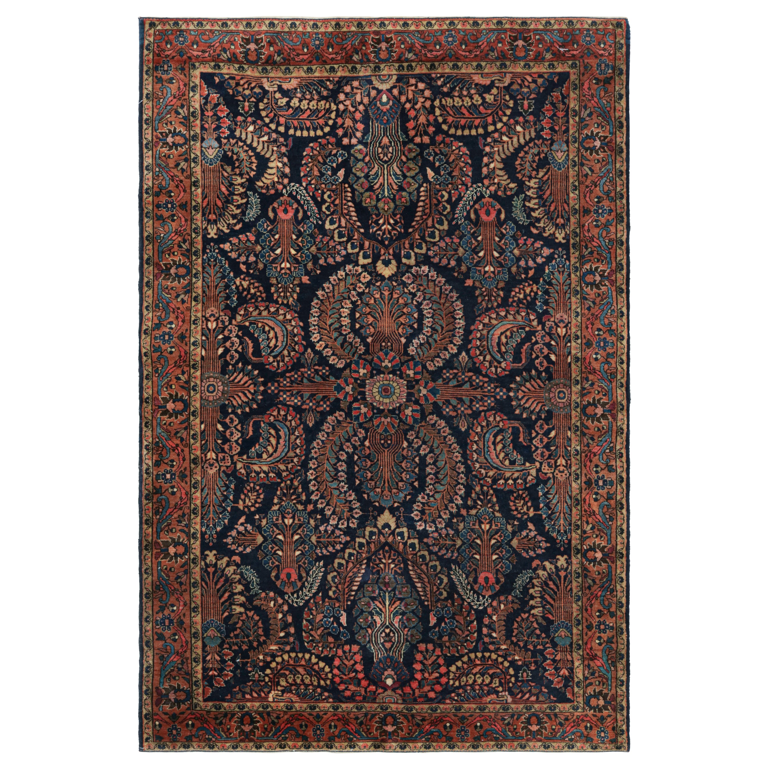 Rug & Kilim’s Persian Sarouk Farahan Style Rug in Navy Blue with Floral Patterns For Sale