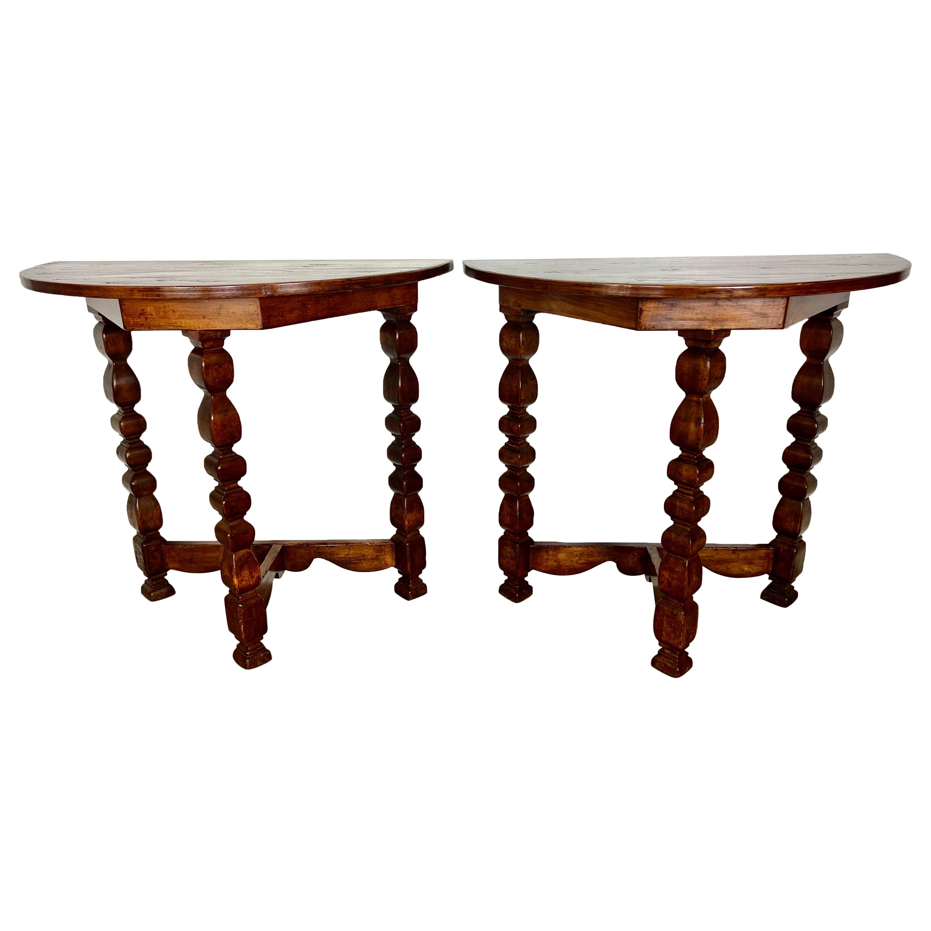 Pair of Italian Walnut Demi-Lune Tables C. 1930's For Sale