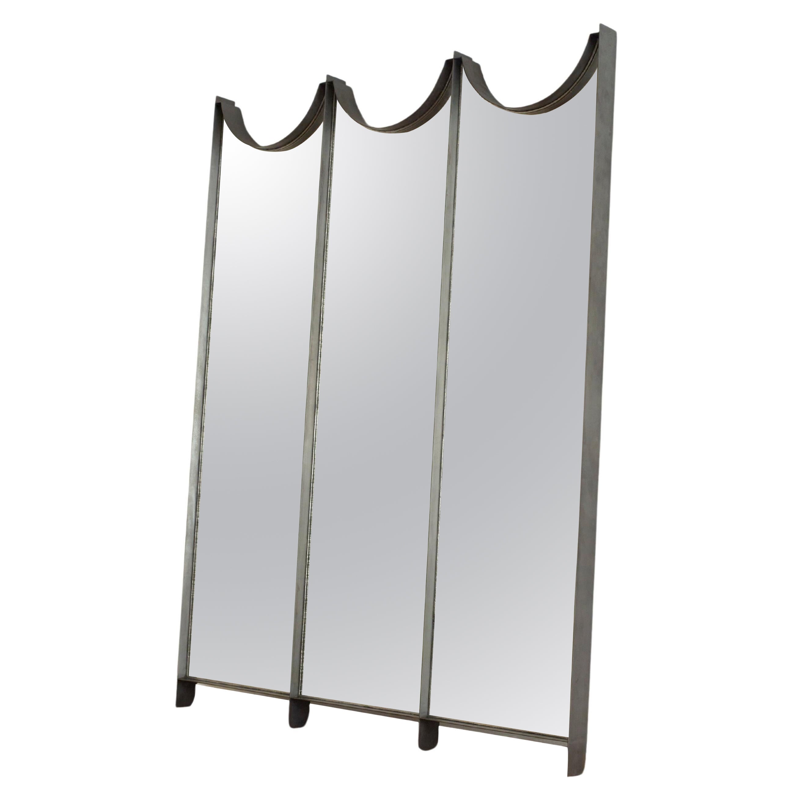Large, Floor Standing or Wall Leaning 3-Panel Full-Length Mirror in Iron Frame For Sale