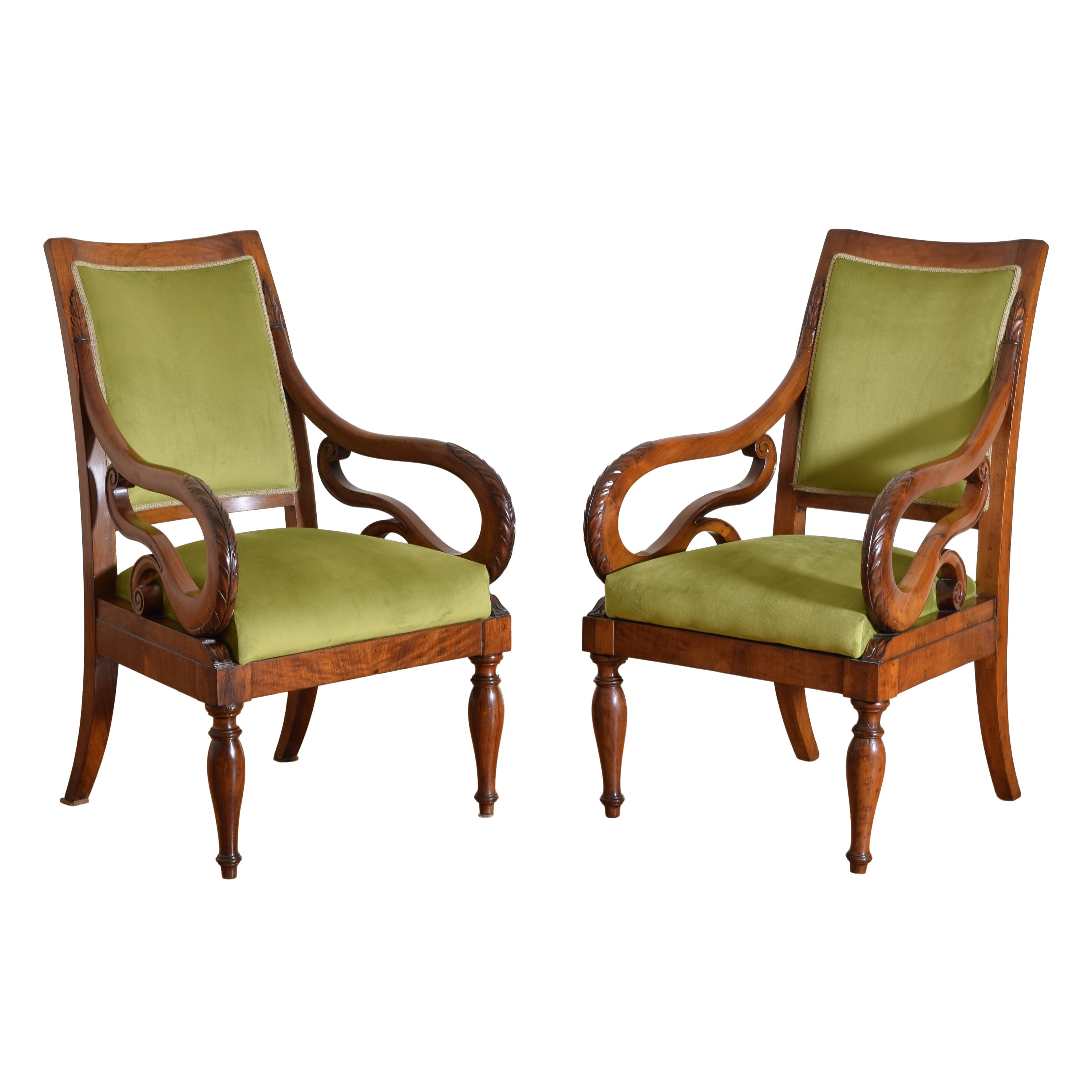Italian, Naples, Neoclassic Period Pair of Carved Fruitwood Poltrone, ca. 1835 For Sale
