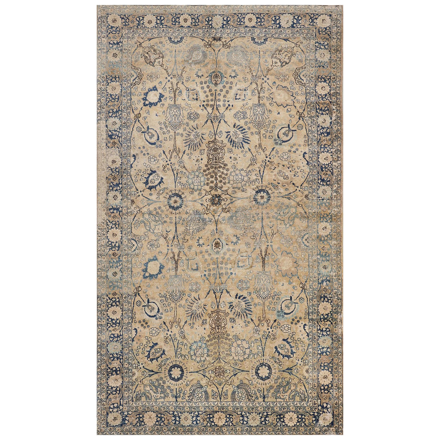 Tapis traditionnel persan Tabriz bleu et ivoire à fleurs tissé à la main en vente