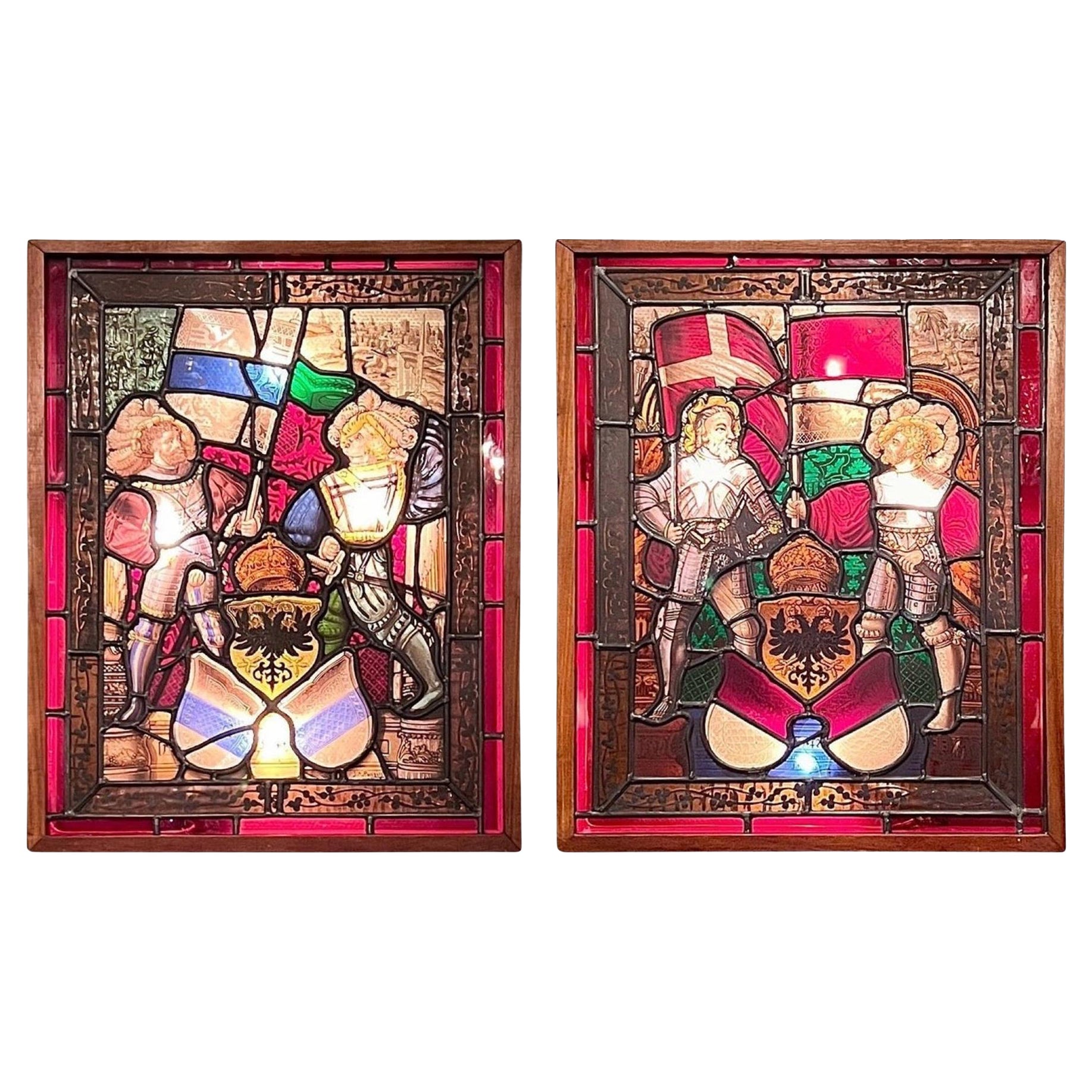 Pair Antique 19th Century Framed Stained Glass Panels Depicting Crusaders.