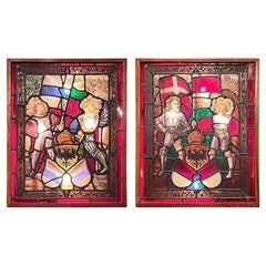 Pair Used 19th Century Framed Stained Glass Panels Depicting Crusaders.