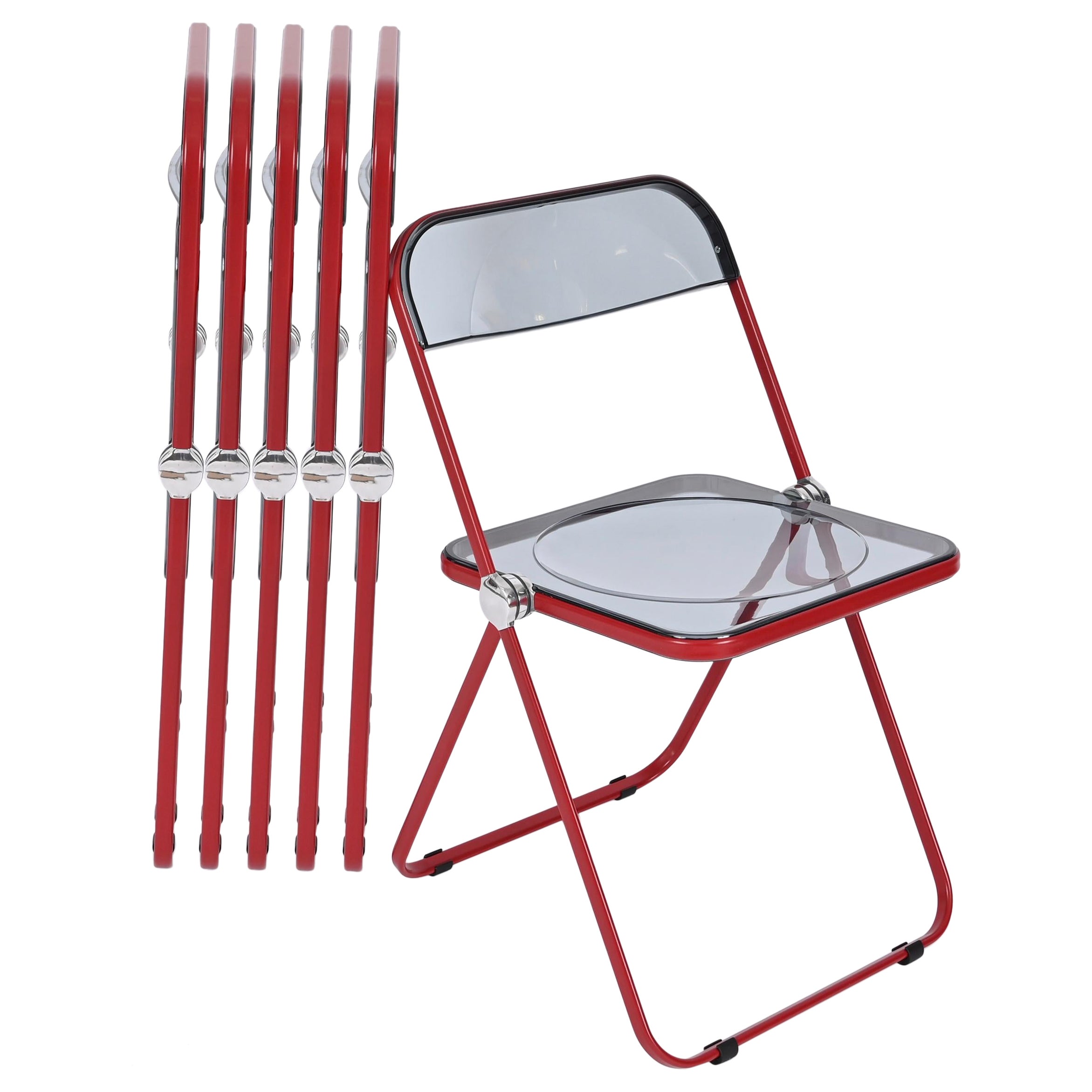 Set of 6 Red and Smoked Lucite Plia folding chairs by Piretti for Castelli Italy For Sale