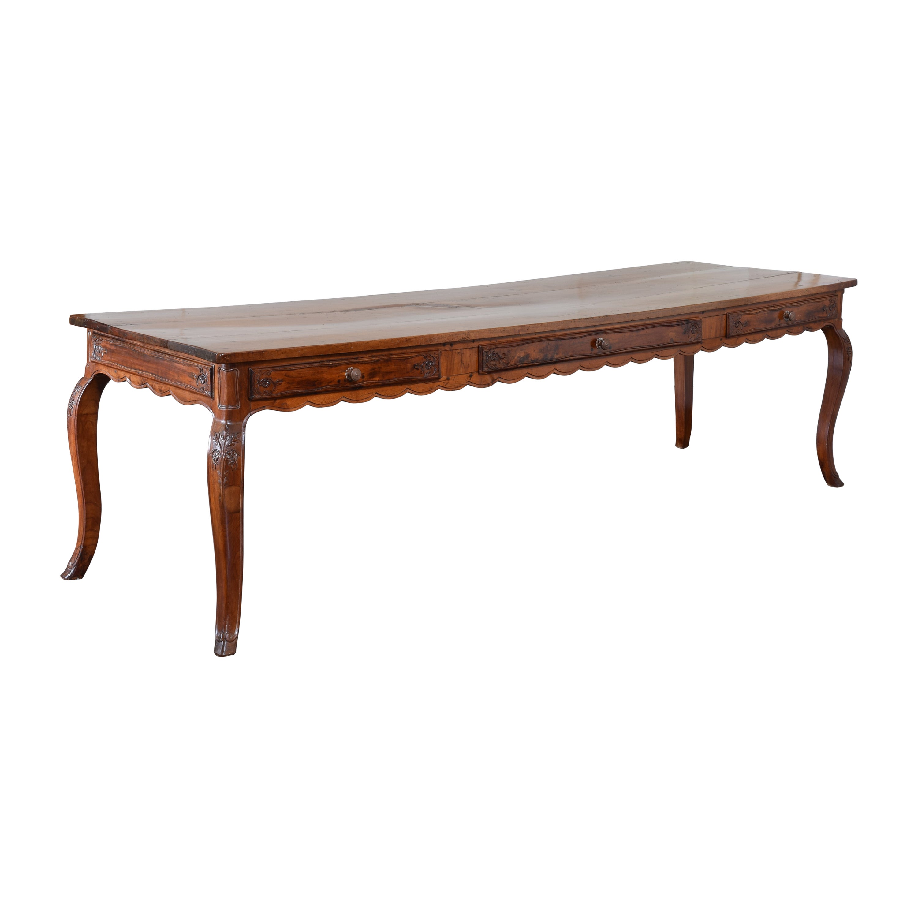 French, Louis XV Period, Carved Walnut 3-Drawer Kitchen/Center Table, mid 18thc For Sale