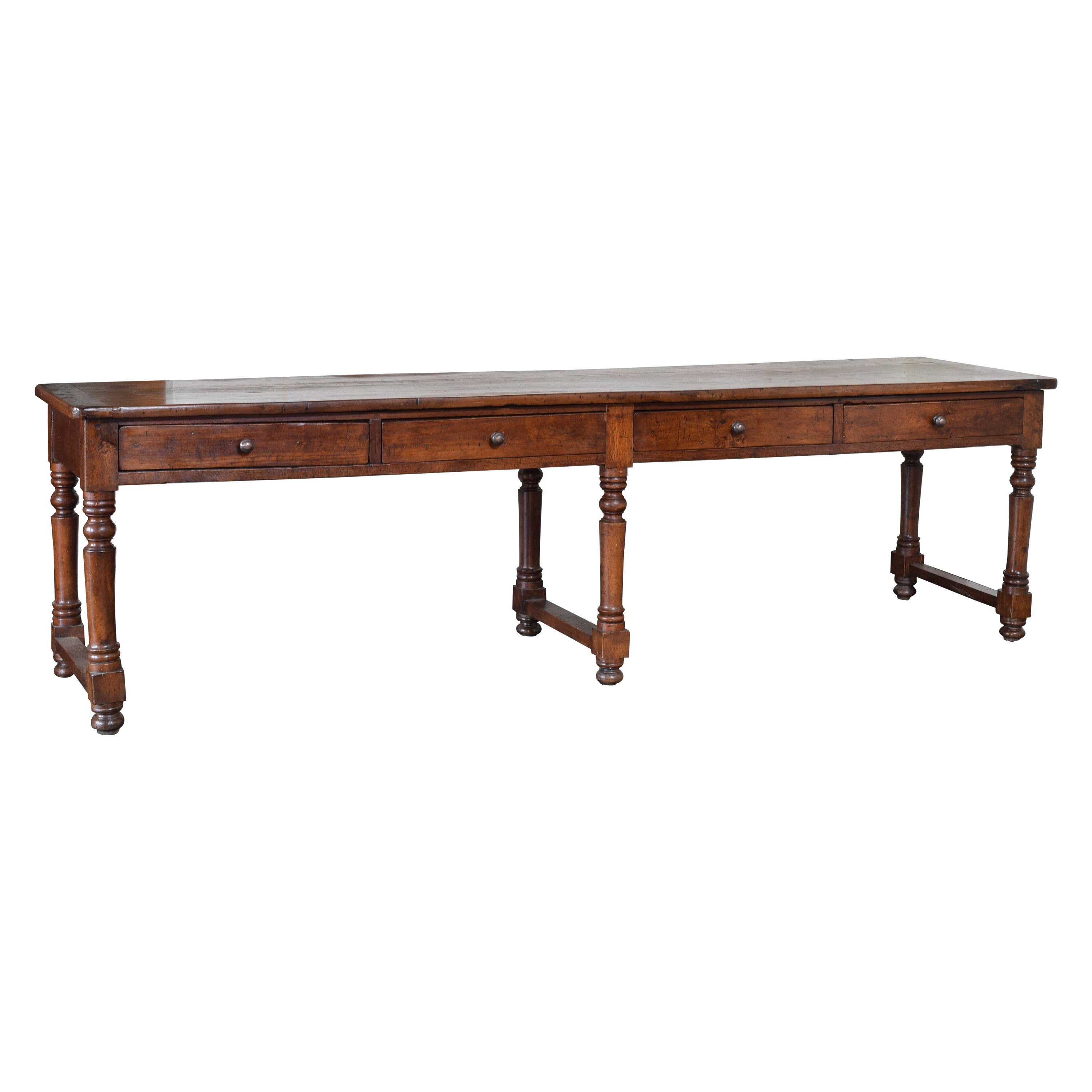Italian LXIII Style Turned Walnut 4-Drawer Center/Console Table, mid 19th cen.