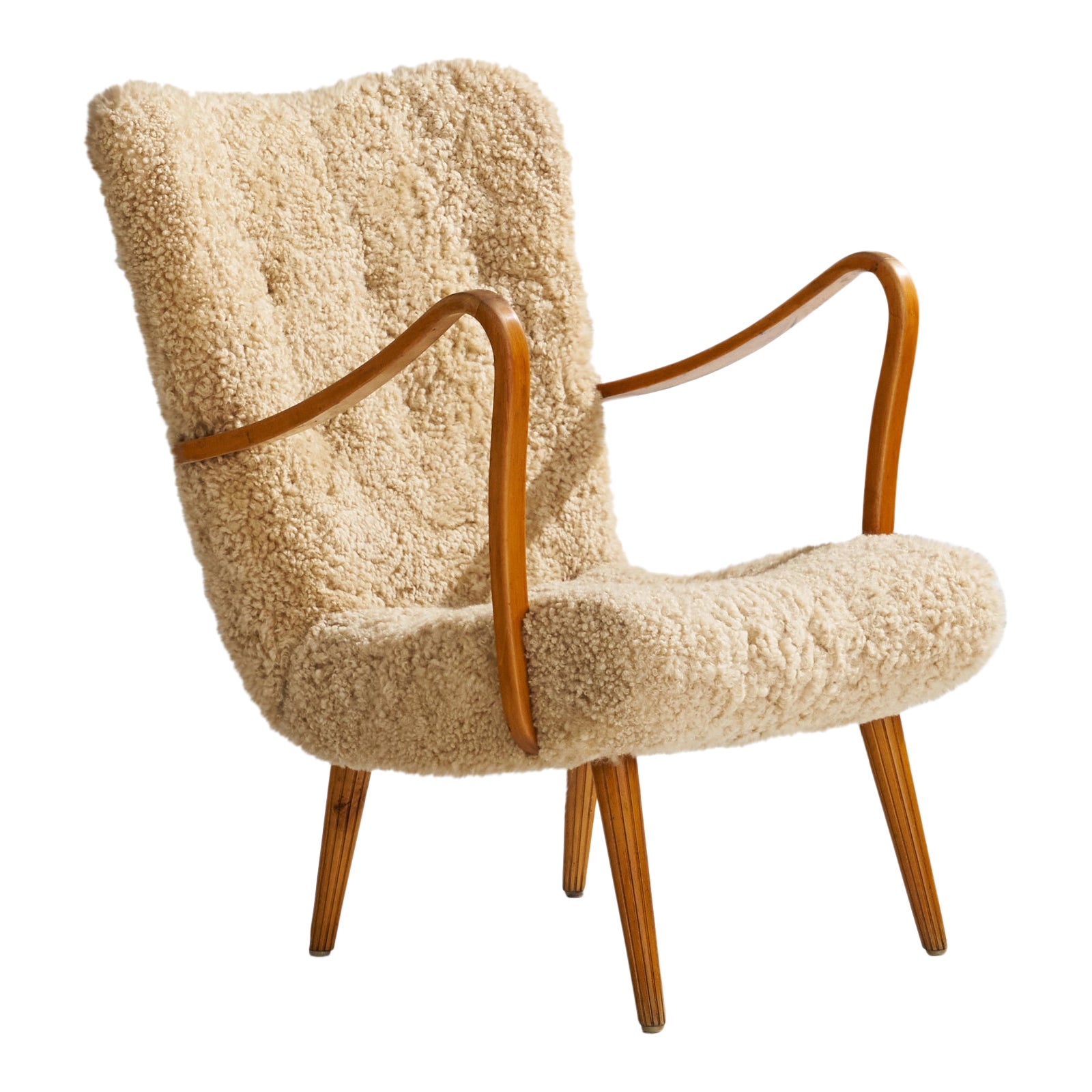 Carl Gustaf Hiort Af Ornäs, Lounge Chair, Wood, Sheepskin, Sweden, 1950s For Sale