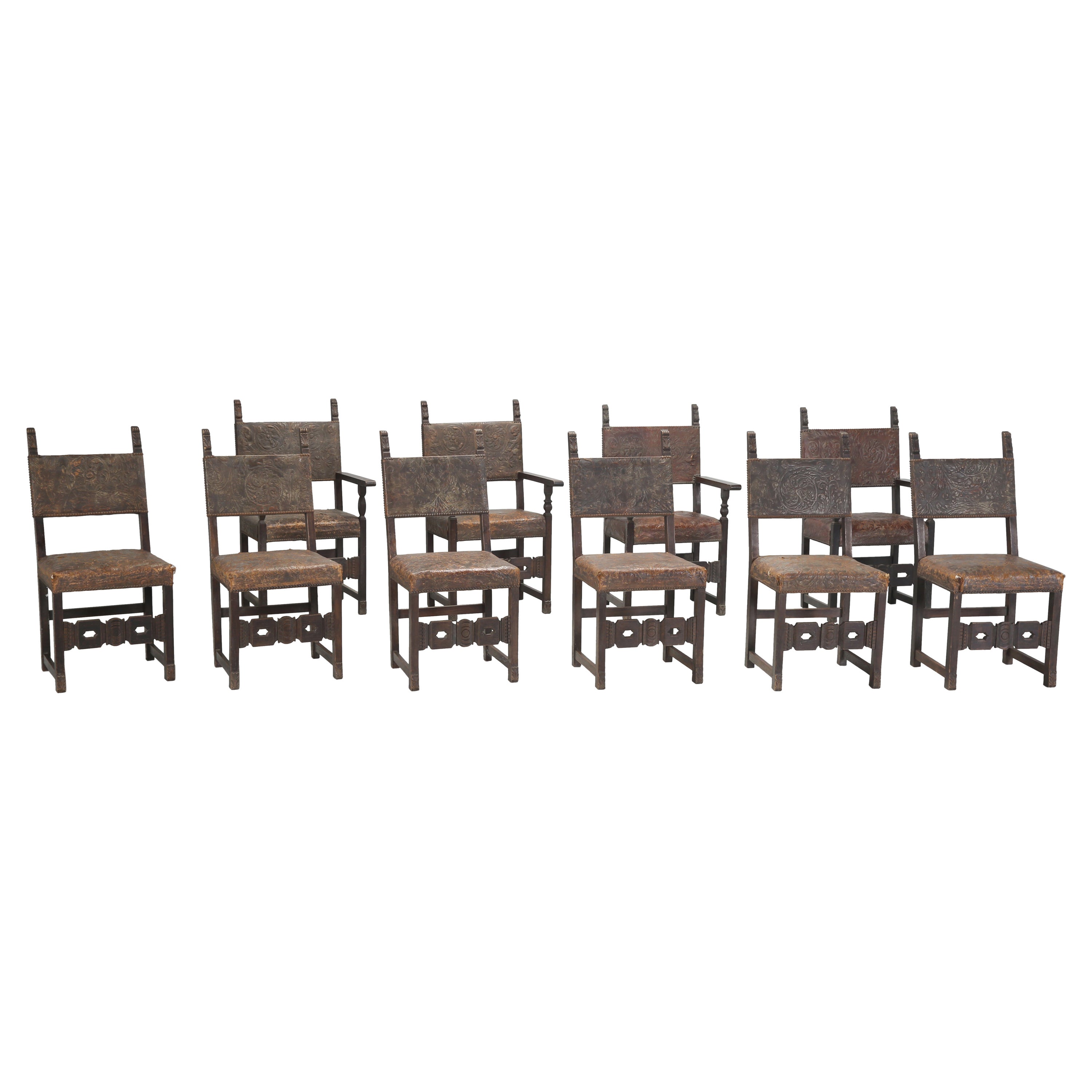 Antique Set of (10) Spanish Dining Chairs Tooled Leather Requiring Restoration For Sale