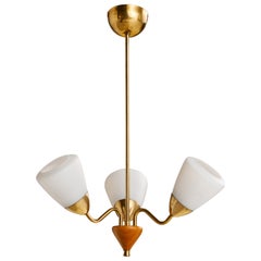 Swedish Designer, Chandelier, Brass, Elm, Glass, Sweden, 1940s