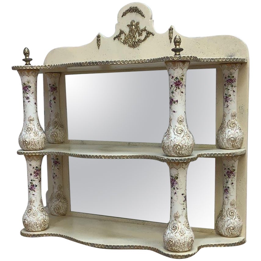 Antique French Porcelain Columned Brass Mounted Wall Shelf with/Mirror Back For Sale