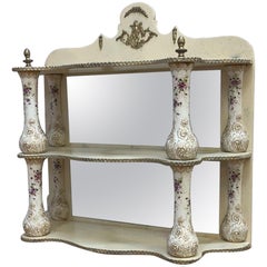 Retro French Porcelain Columned Brass Mounted Wall Shelf with/Mirror Back