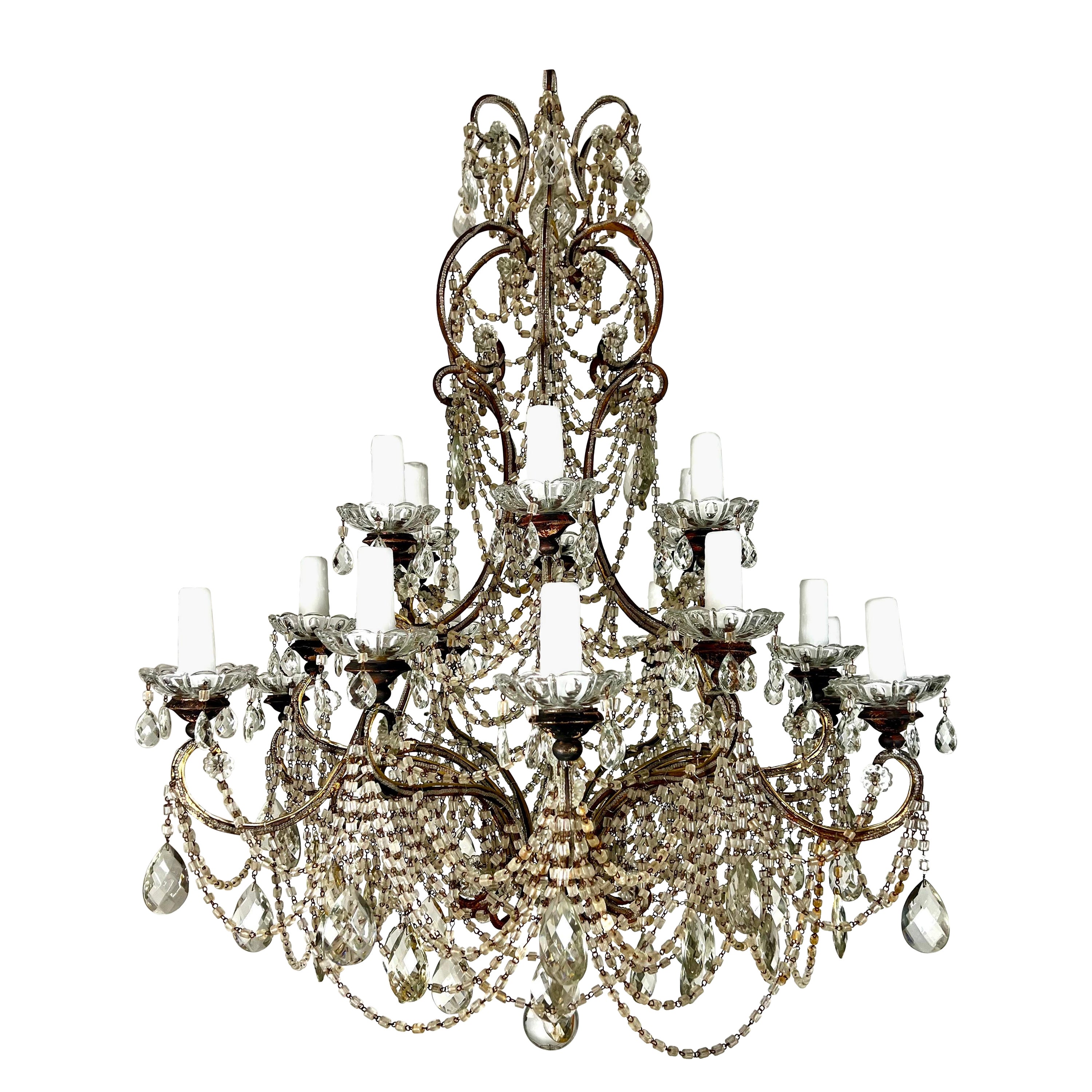 Monumental French Crystal Beaded Chandelier C. 1930's For Sale