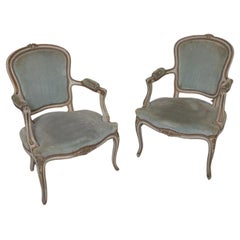 Vintage Pair of French Louis XV Style Armchairs in Sage Green Velvet
