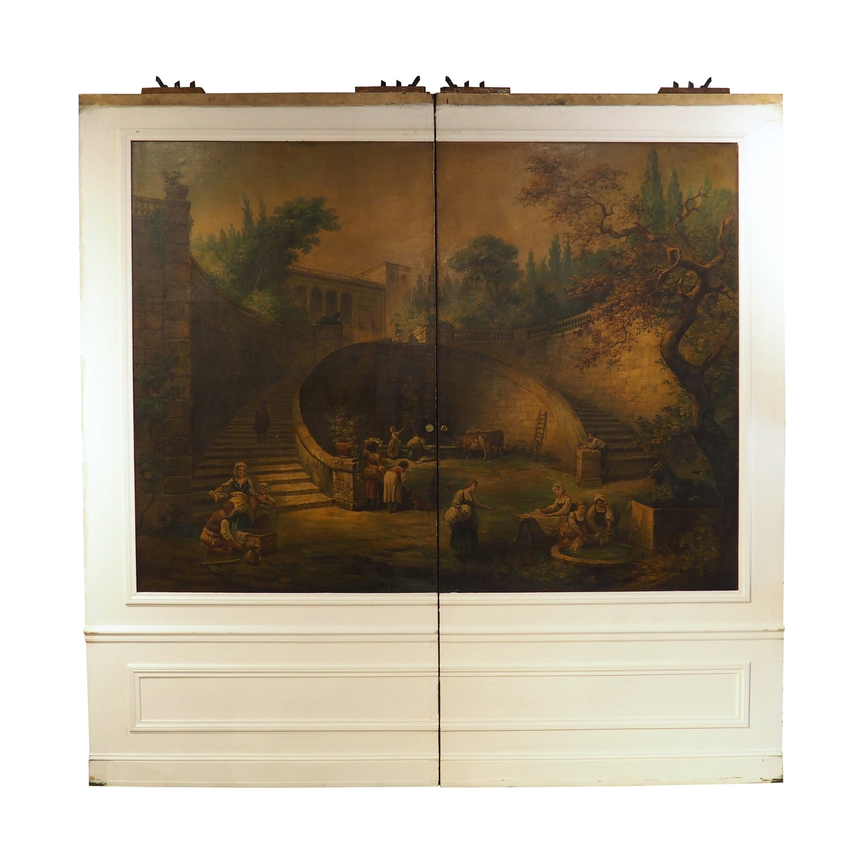 Rare 19th Century French Doors with Capriccio Oil Painting and Chinoiserie Verso For Sale