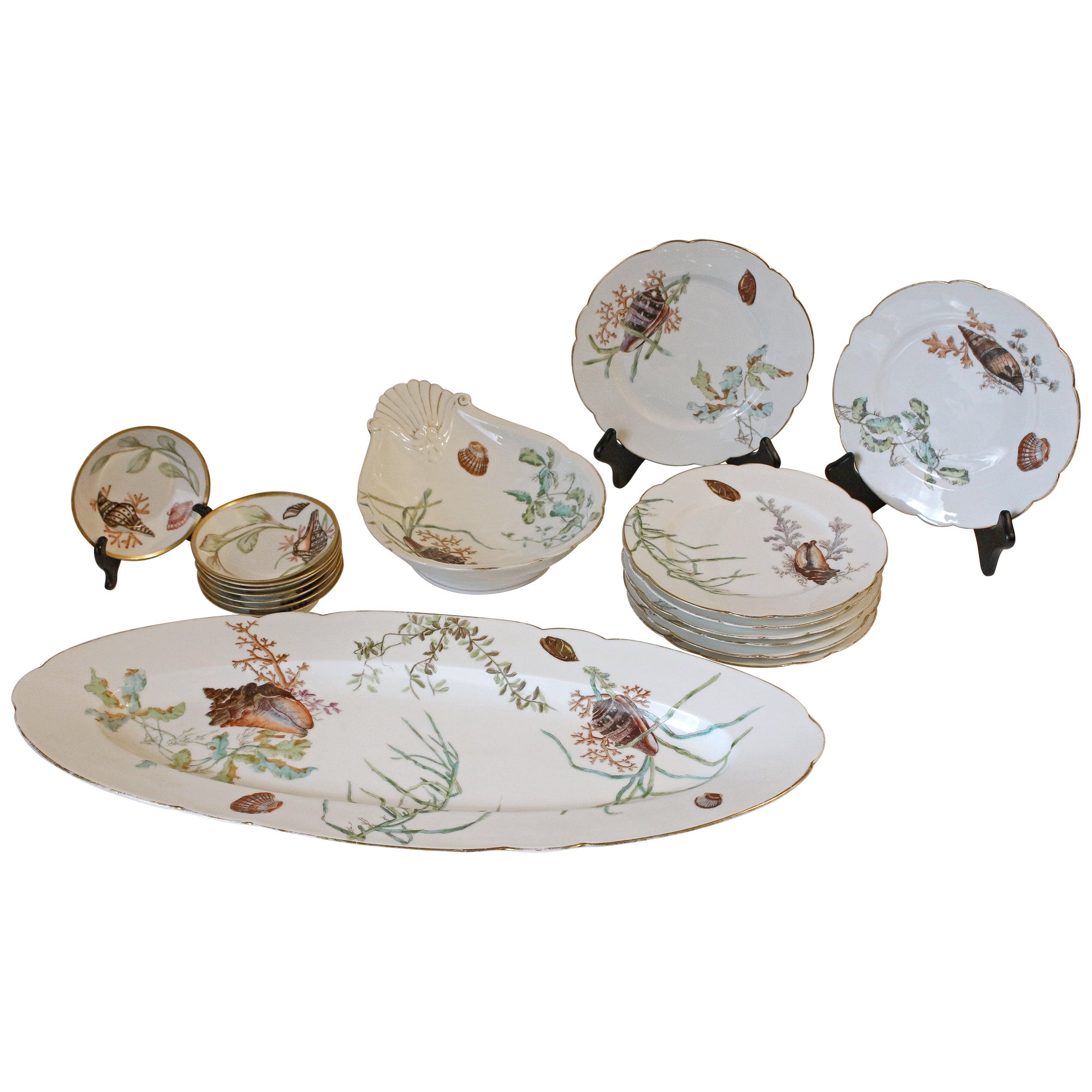 Circa 1880-1900 Seashells & Seaweed Motif Fish Service by Limoges For Sale
