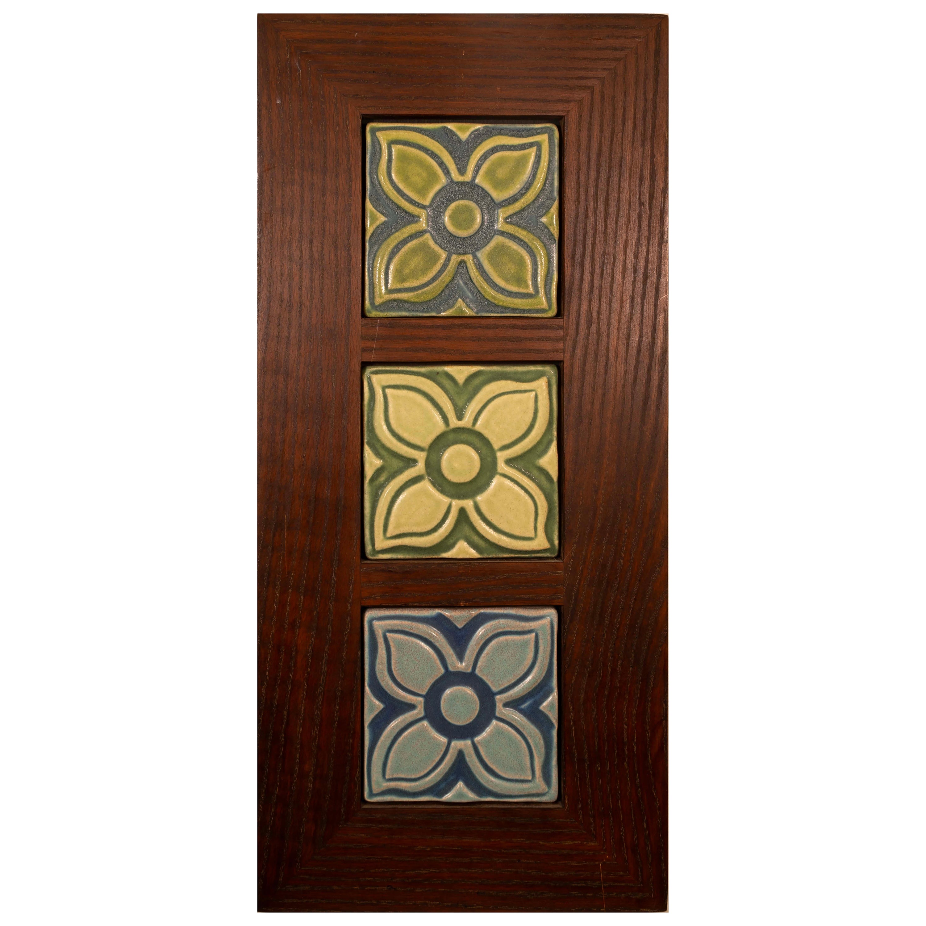 Framed Triple Pewabic Flower Tiles Mid Century Modern For Sale