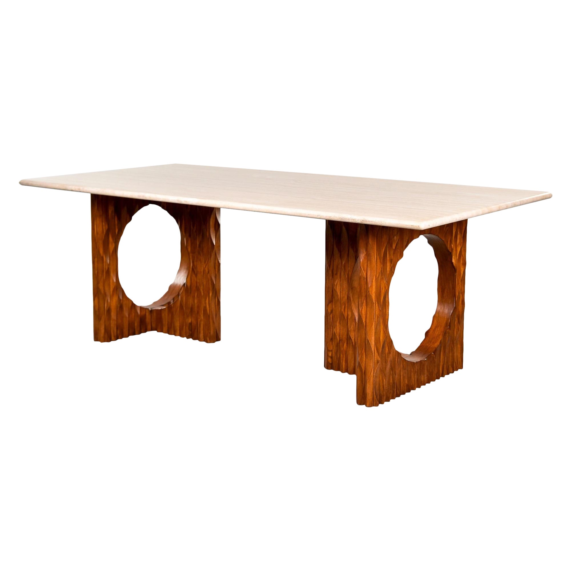 Italian Dining Table with Brutalist Style Carved Legs and Travertine Top