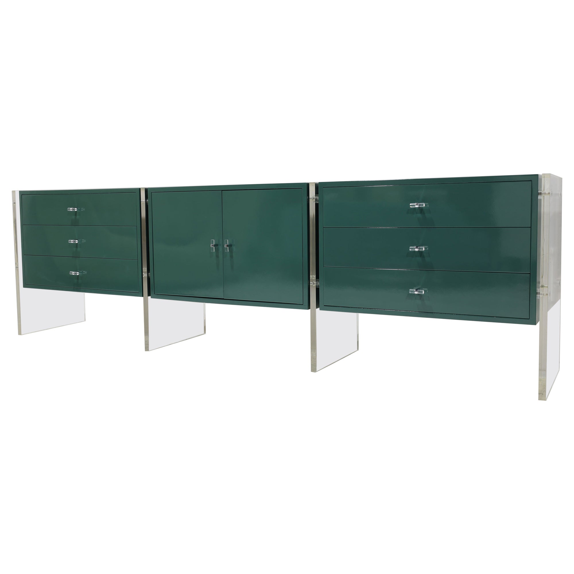 Three Section Mid Century Sideboard with Lucite Legs and Knobs in Green Lacquer For Sale