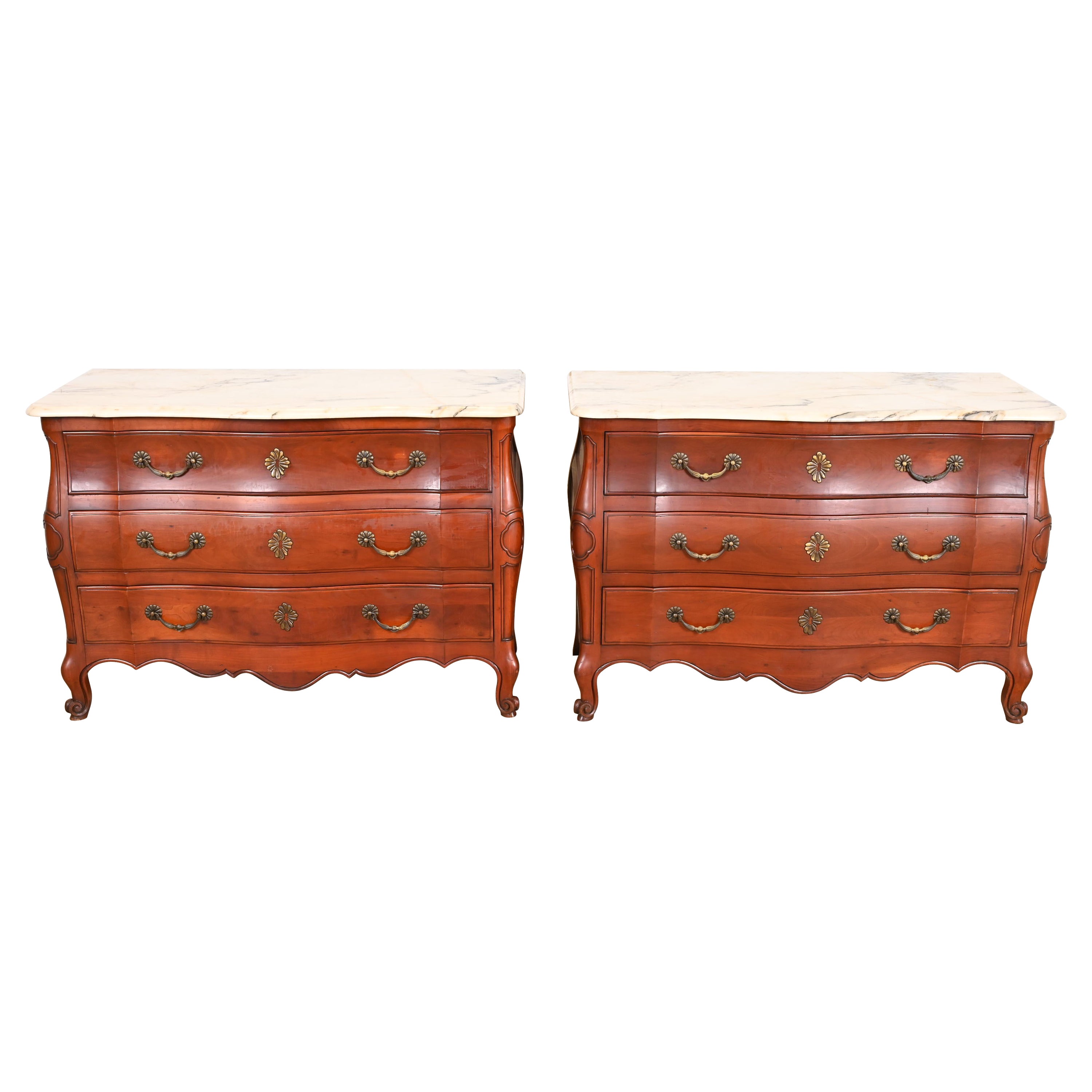 John Widdicomb French Provincial Louis XV Cherry Marble Top Chests of Drawers For Sale