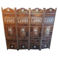 Retro 20C Anglo Indian Style Double Sided Profusely Inlaid 4 Panel Screen
