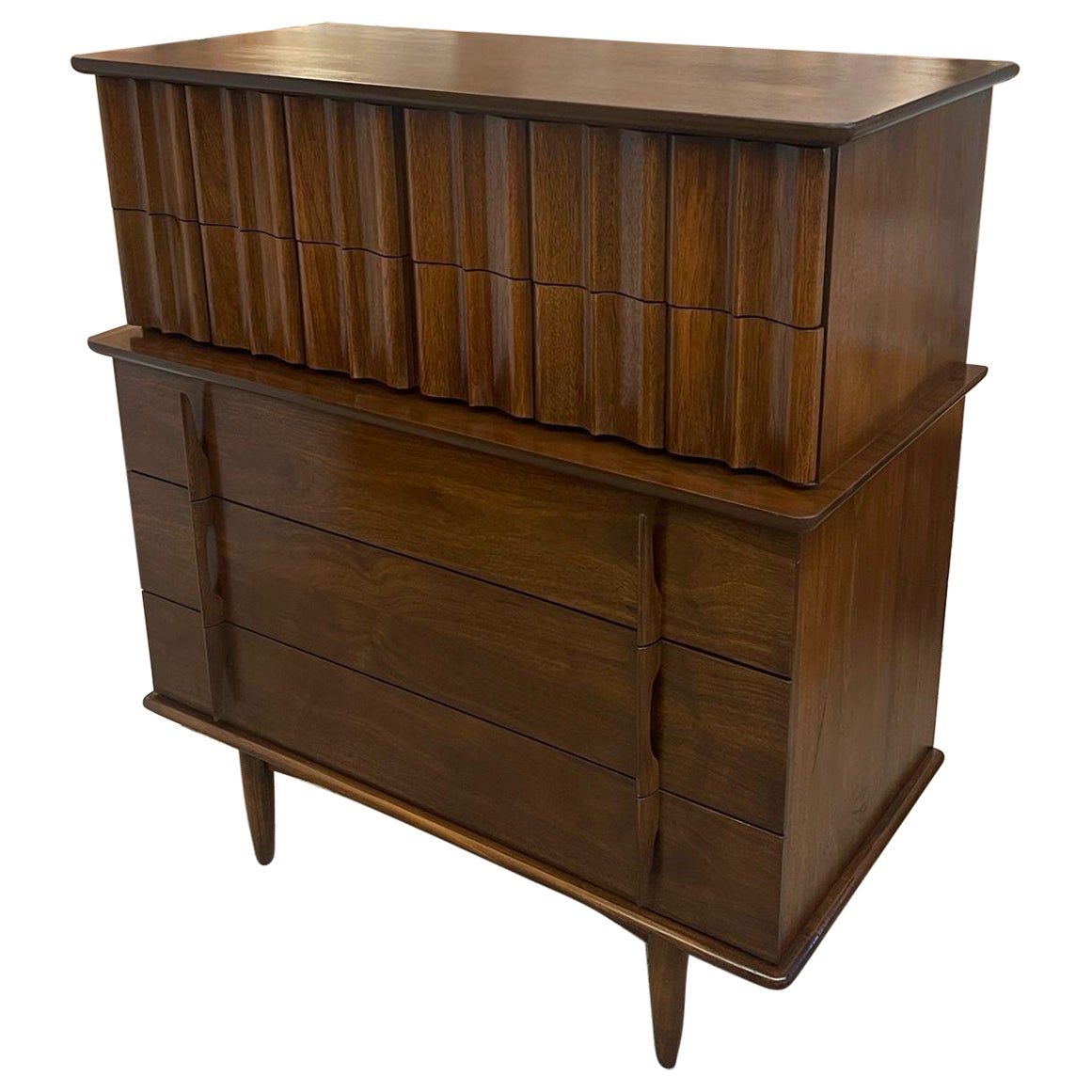 Vintage Mid Century Modern Highboy Dresser by United With Sculpted Wood Front.