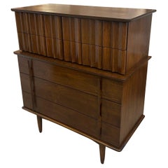 Retro Mid Century Modern Highboy Dresser by United With Sculpted Wood Front.