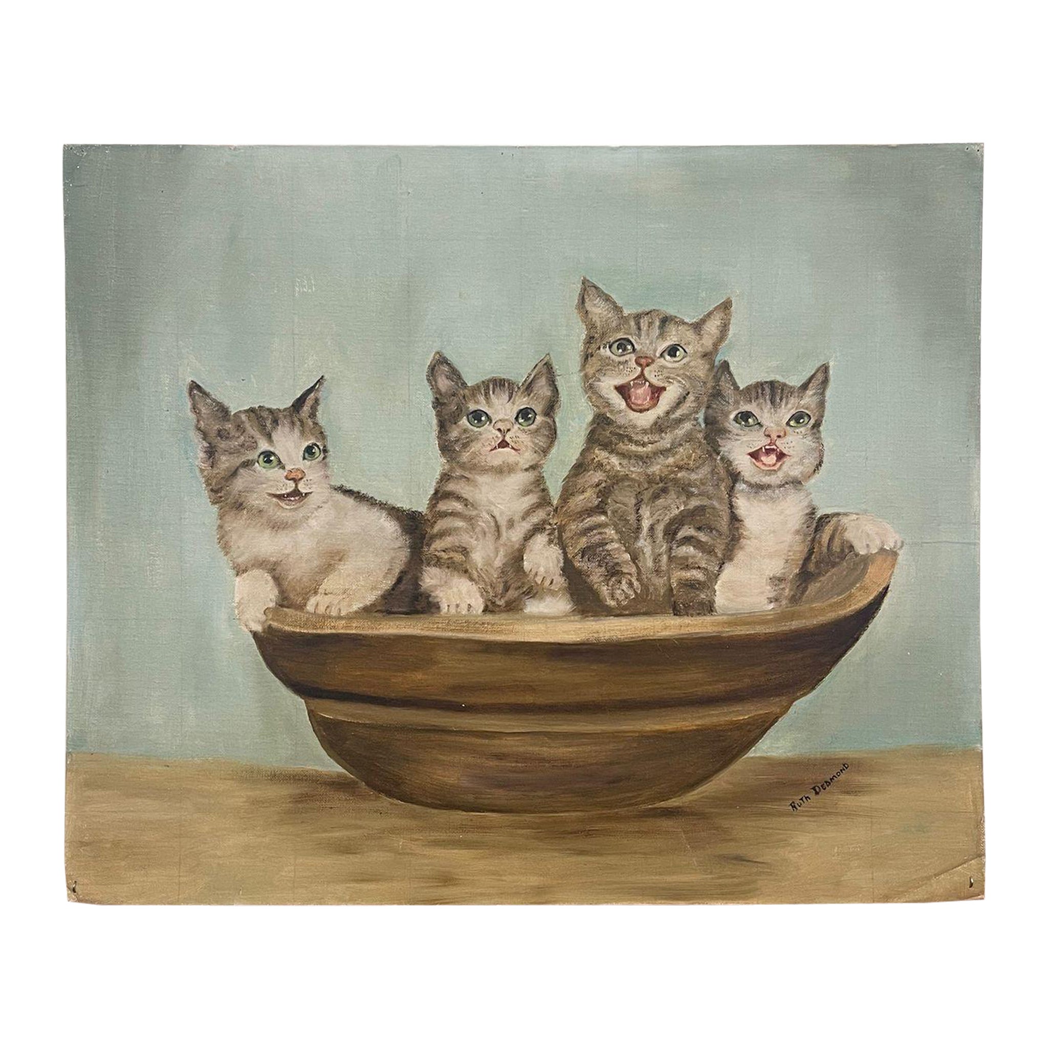 Peinture originale vintage signée de chatons dans un panier.