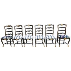 Antique Set Six French Provinical Partial Gilt And Ebonized Slat Ladder Back Side Chairs