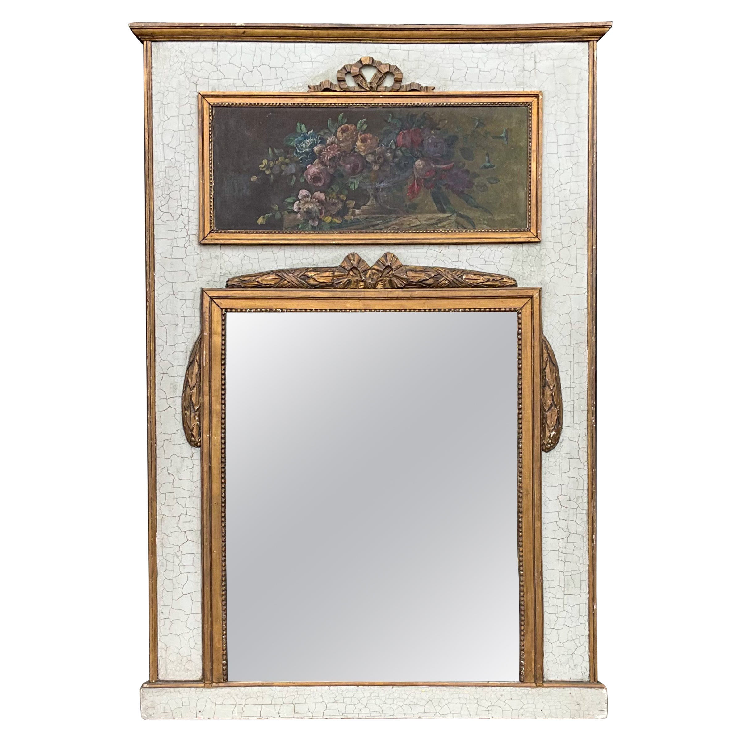 Miroir Trumeau des années 1950 avec peinture florale à l'huile sur toile et accents en bois doré