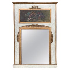 Vintage 1950s French Trumeau Mirror W/ Floral Oil On Canvas Painting & Giltwood Accents