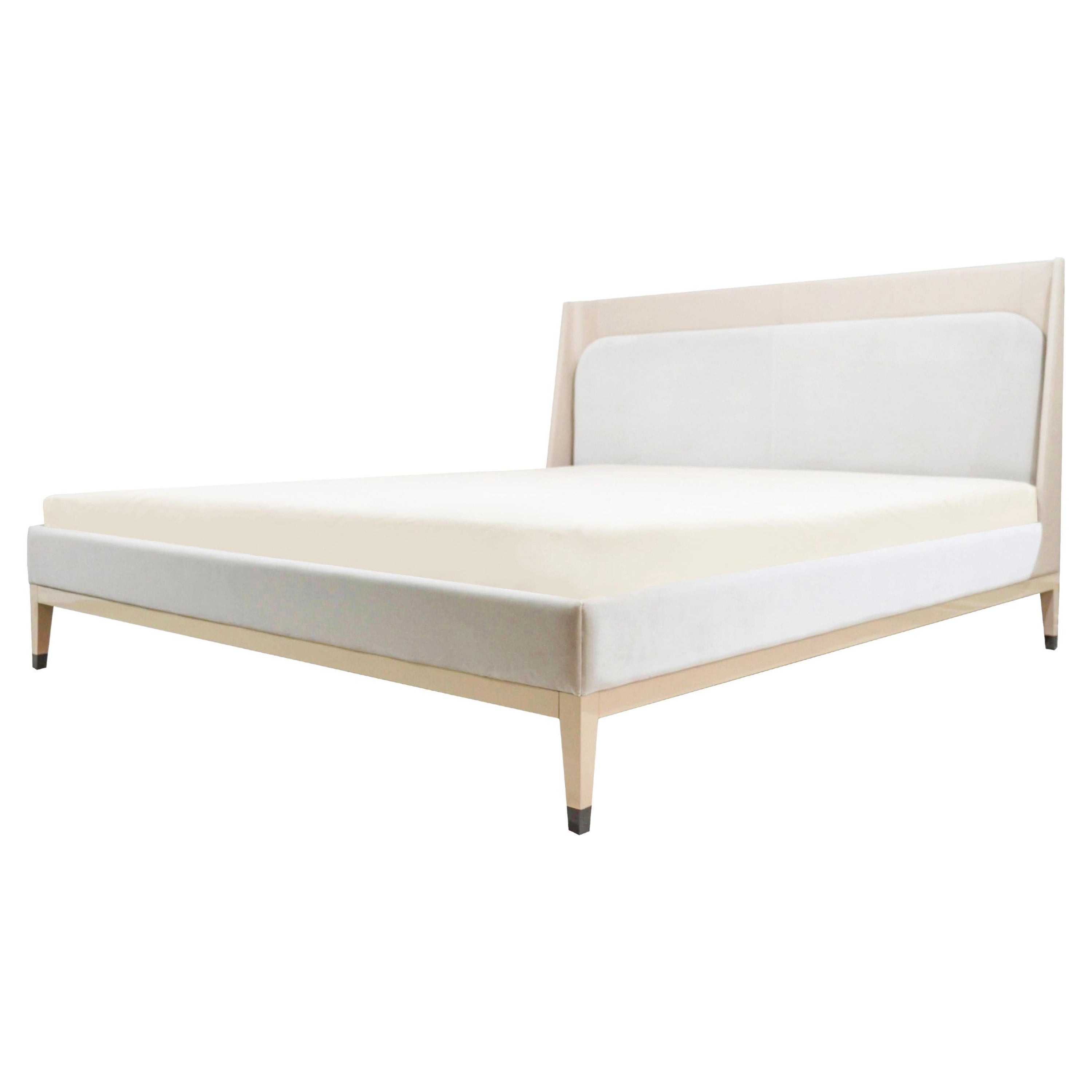 Queen Size Italian Bed Upholstered Nubuck and Velvet with Wooden Legs For Sale