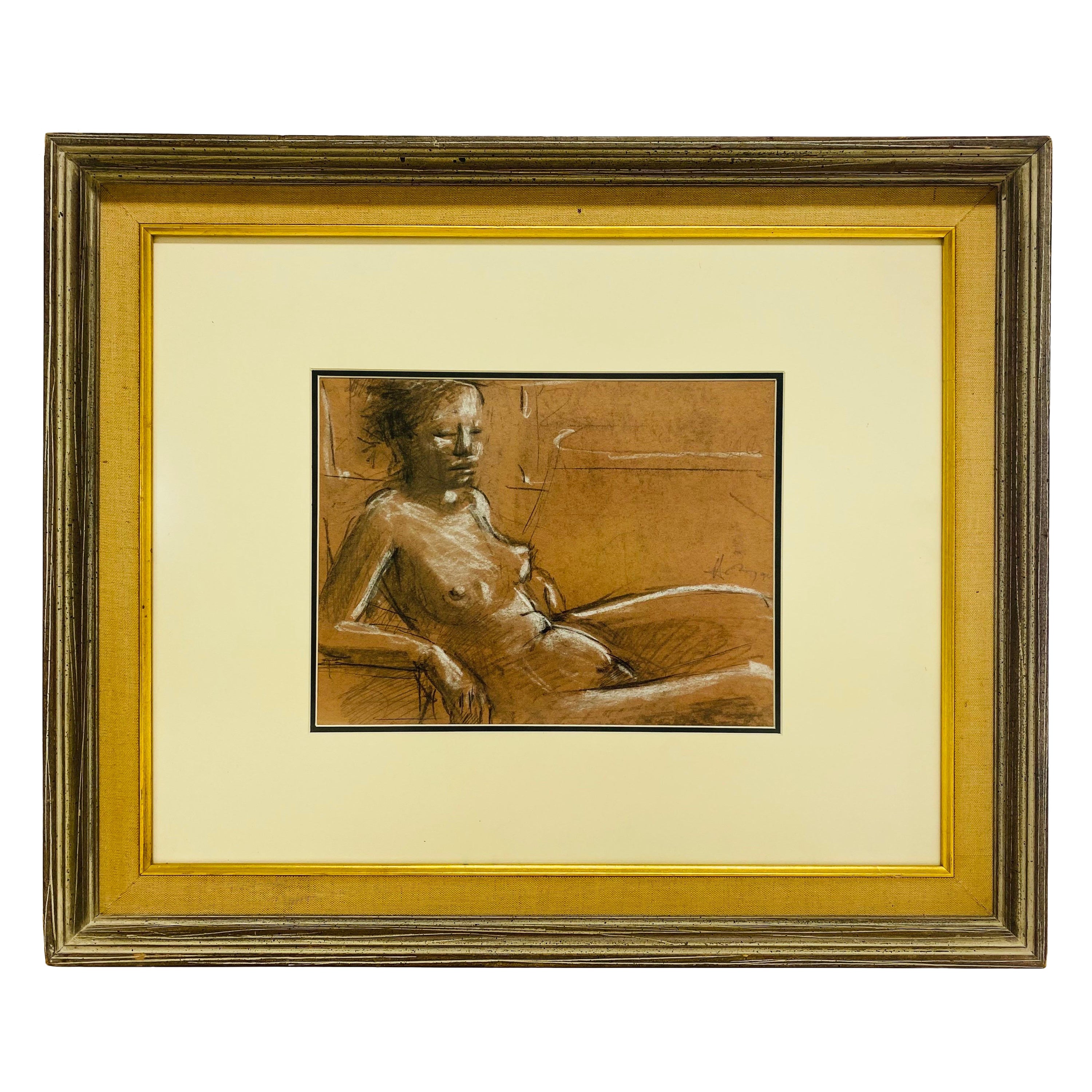Mid century vintage Academy style female nude study in charcoal For Sale