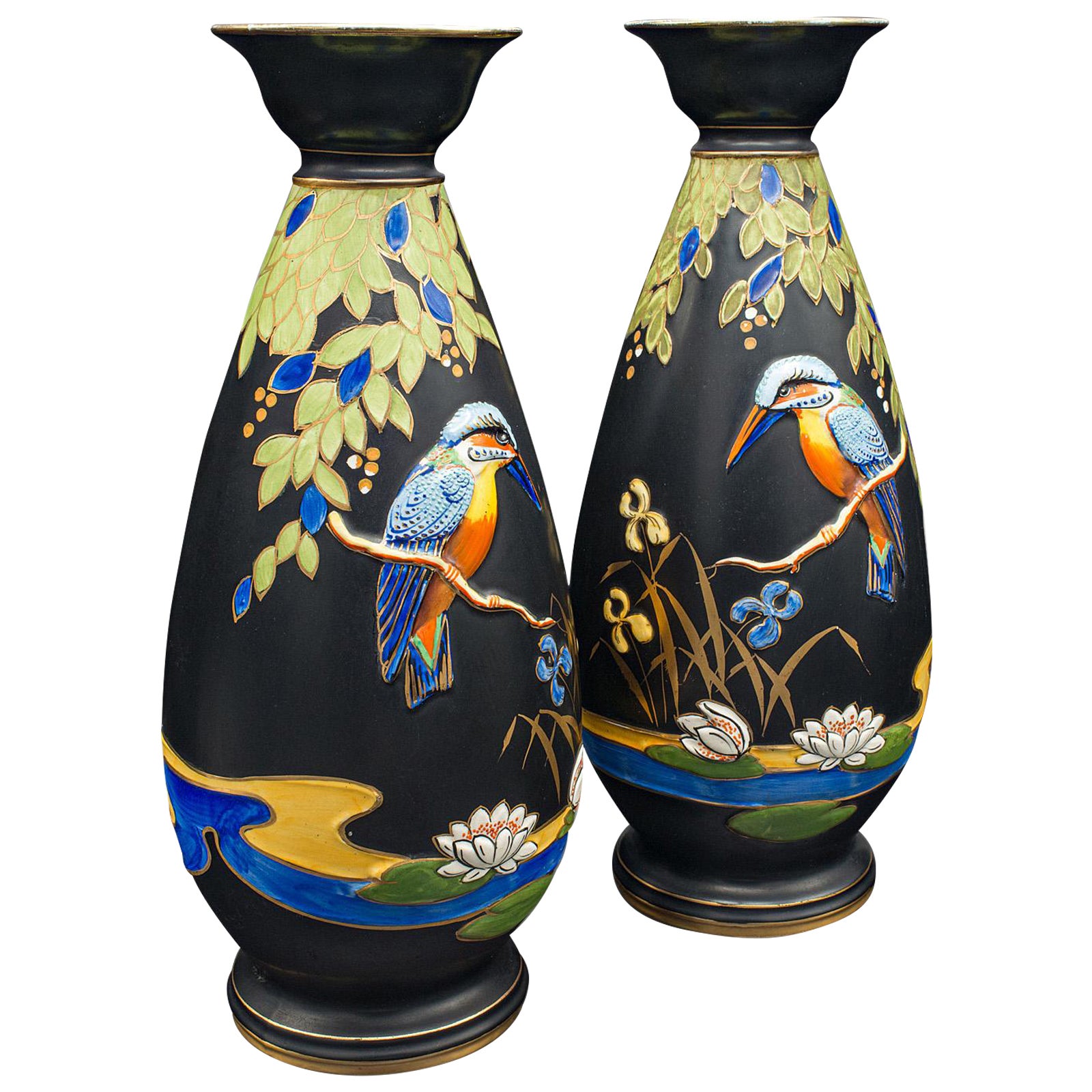 Coppia di vasi da esposizione vintage, inglese, satinato, Kingfisher, Art Deco, 1930