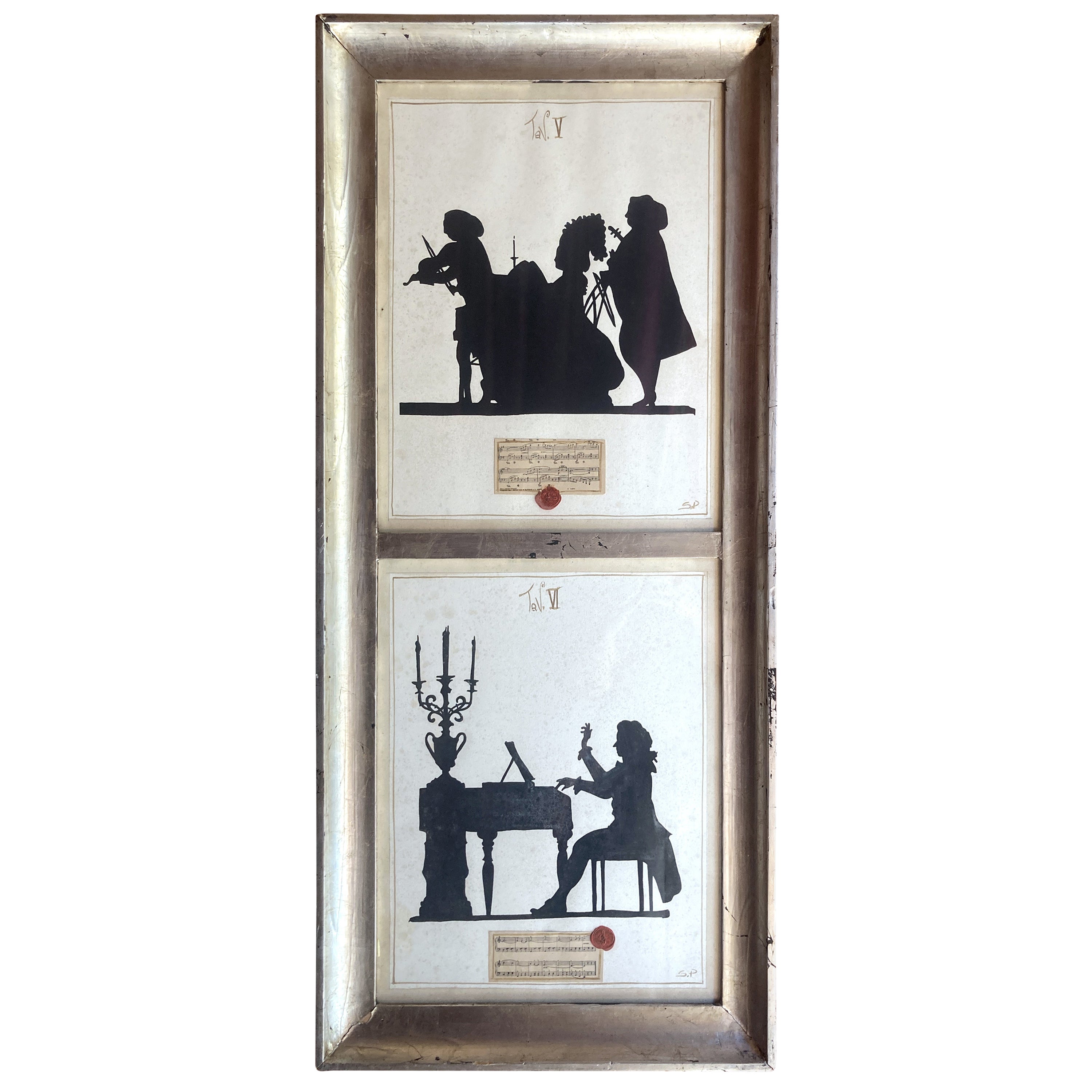 Italian Vintage Musicians Silhouettes Mixed Media Paintings on Paper For Sale