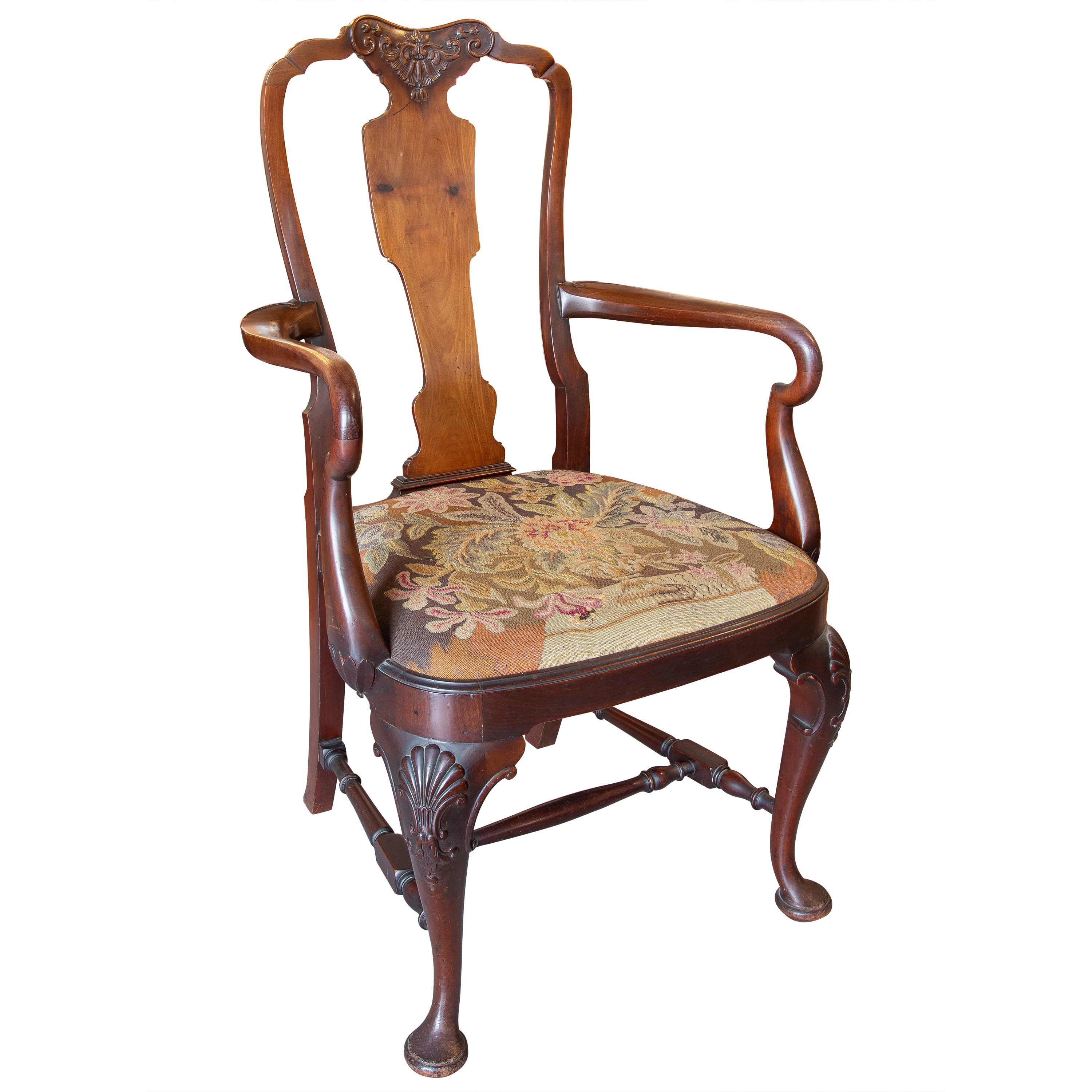English Chair with Mahogany Armrests and Petit Poisa Embroidered Seat For Sale