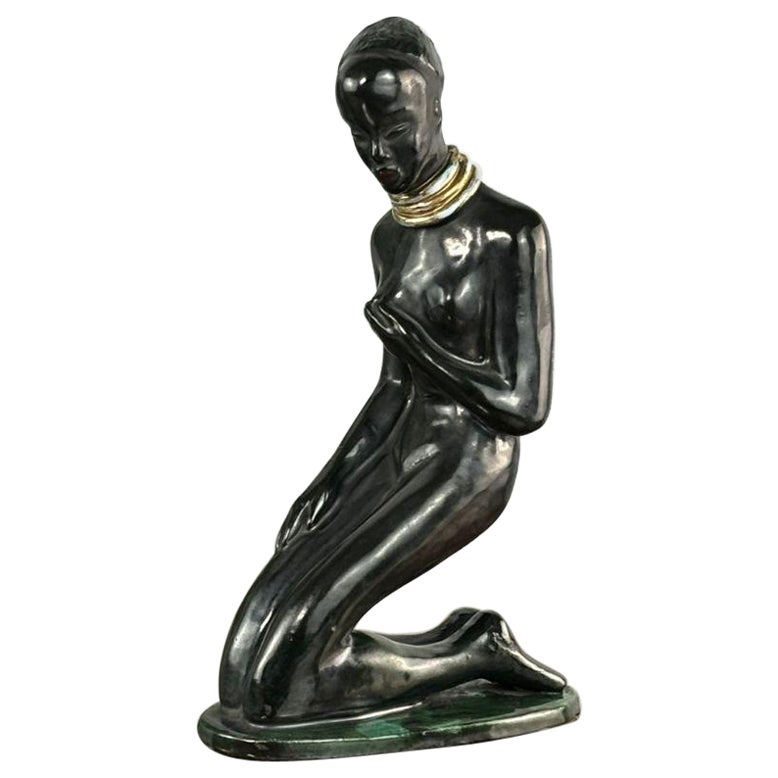 Mid-century female sculpture with silk black, turquoise, gold shade by Izsépy For Sale