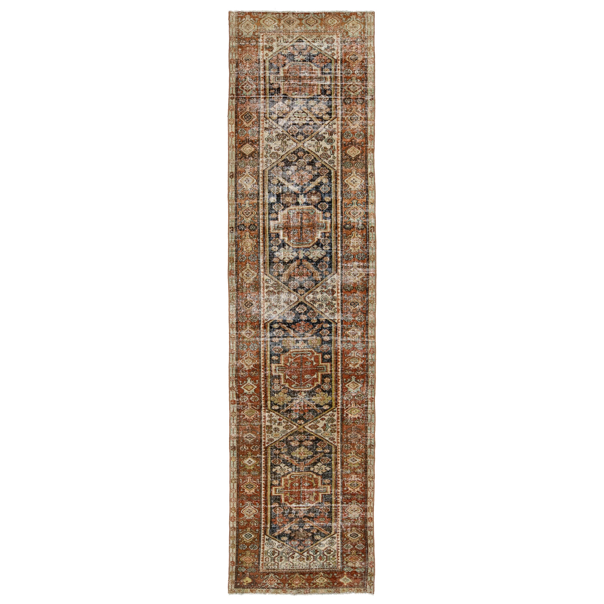 1900s Antique Malayer Handmade Designed Wool Runner In Brown and Rust Color  For Sale