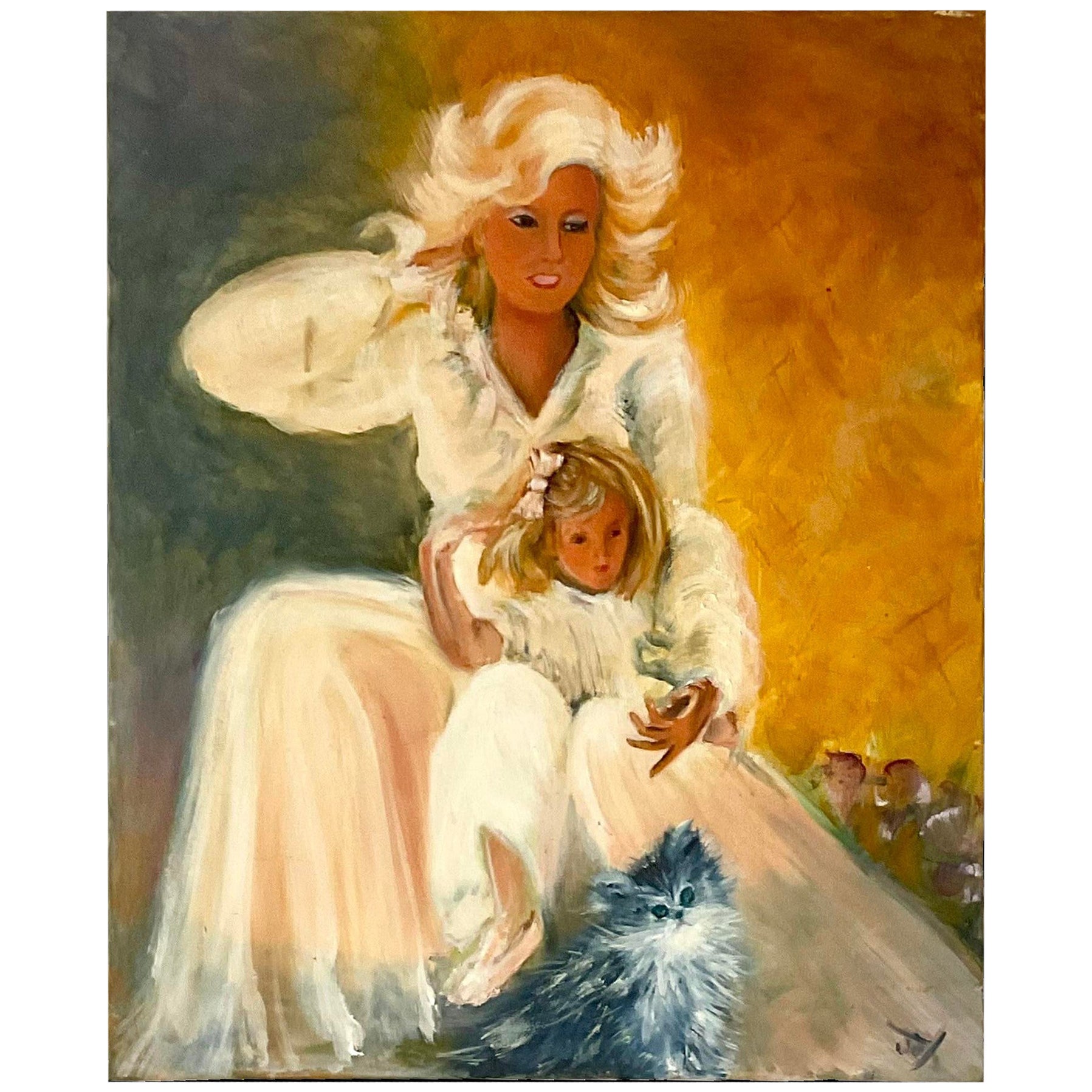 Vintage Signed Original Oil Portrait of a Mother & Daughter For Sale